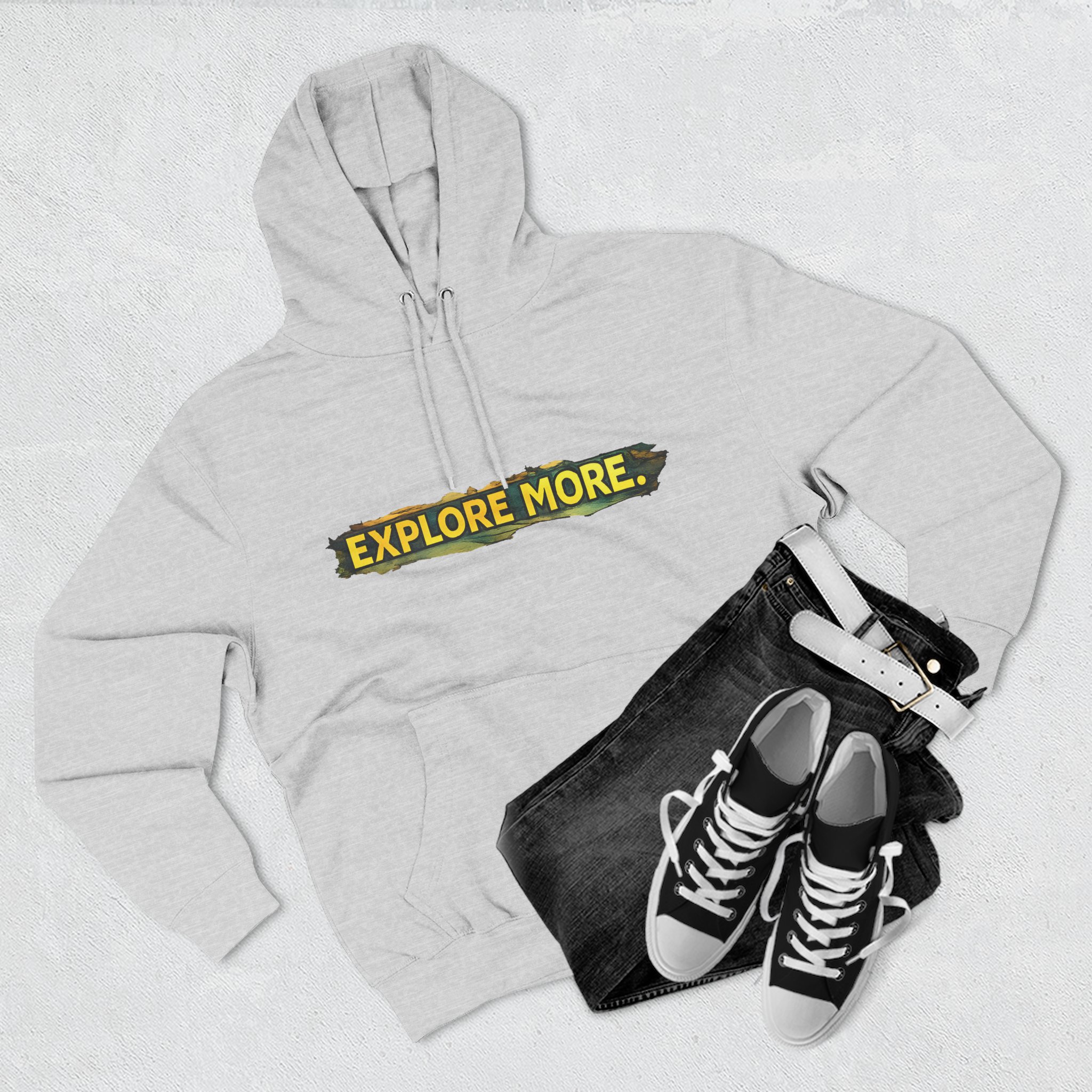Three-Panel Fleece Hoodie - "Explore More" Design Cubic-Line