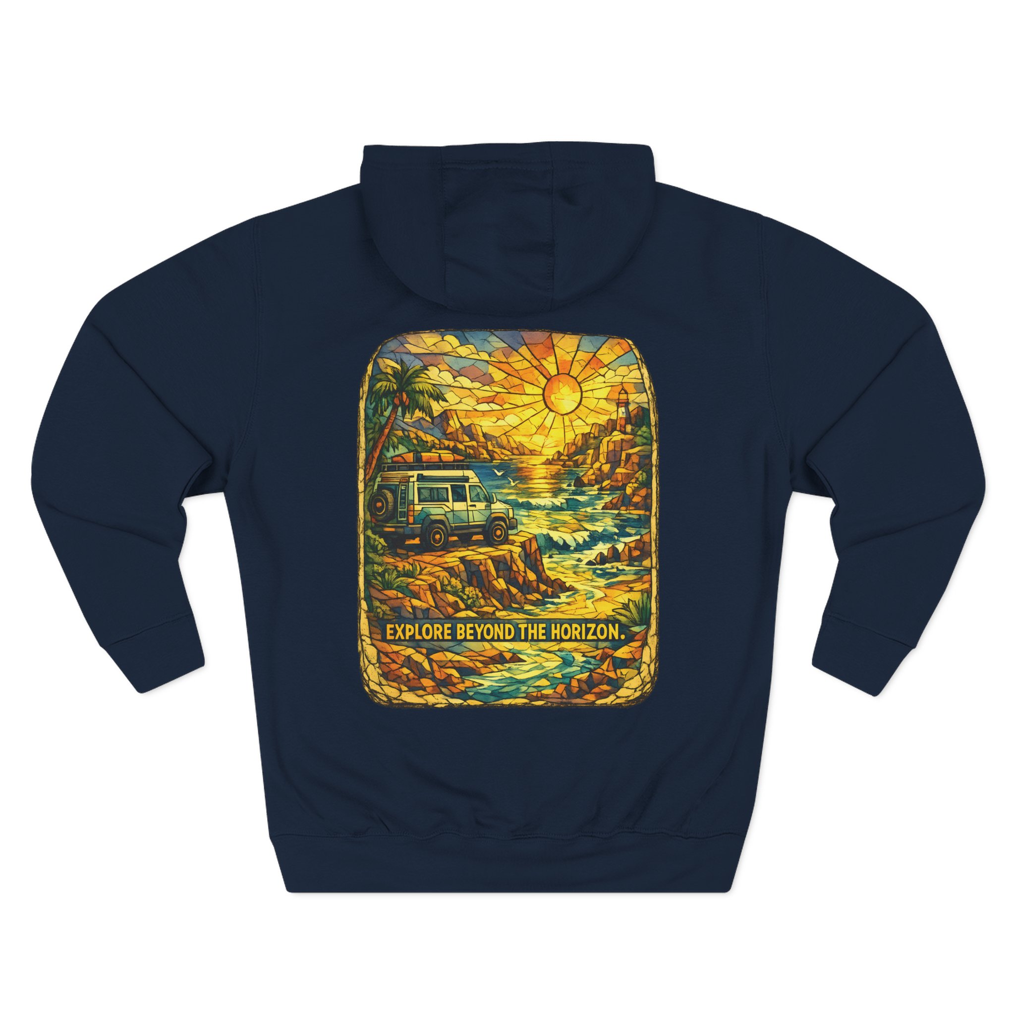 Three-Panel Fleece Hoodie - "Explore Beyond The Horizon" Design Cubic-Line