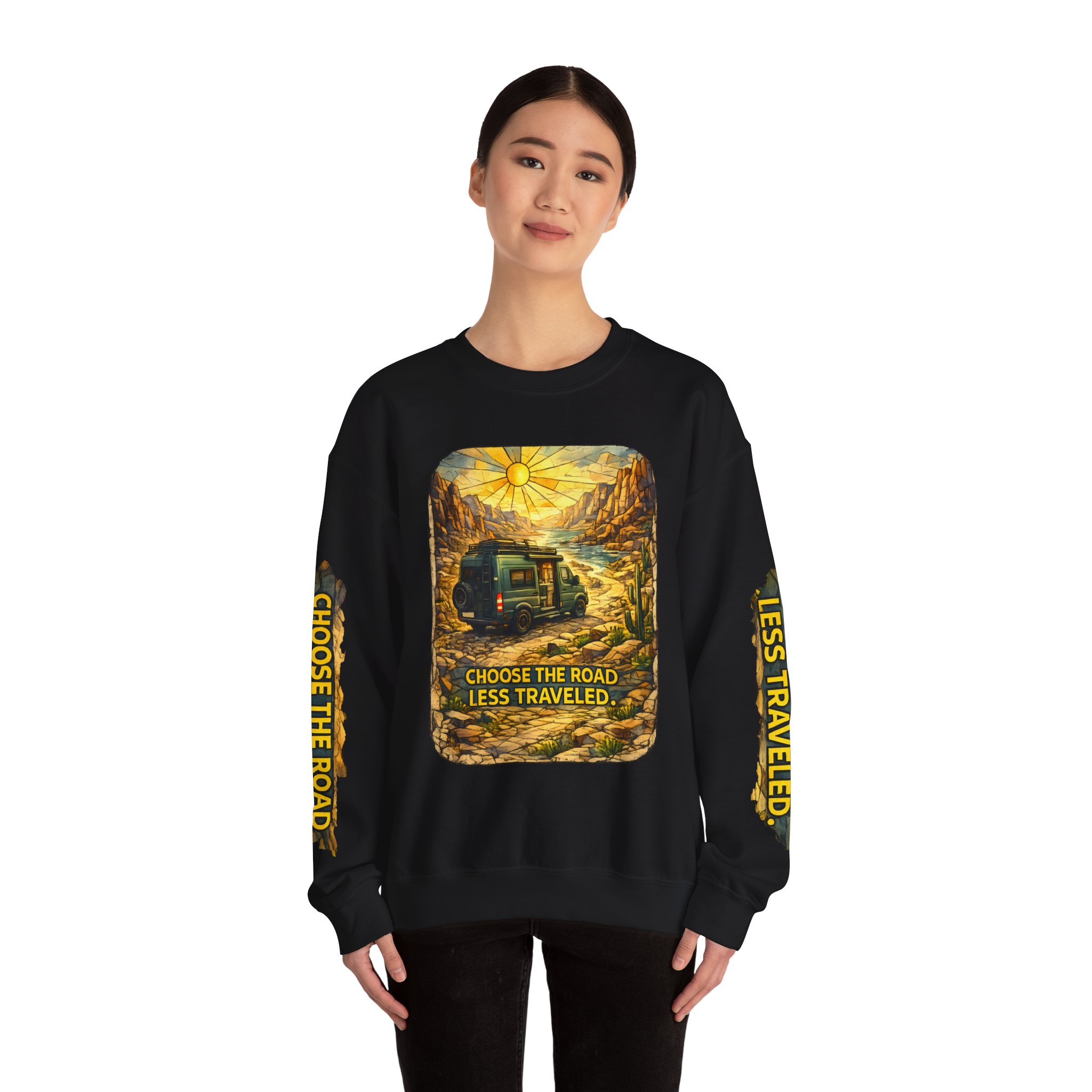 Unisex Heavy Blend™ Crewneck Sweatshirt — "Choose The Road Less Traveled" Design Cubic-Line