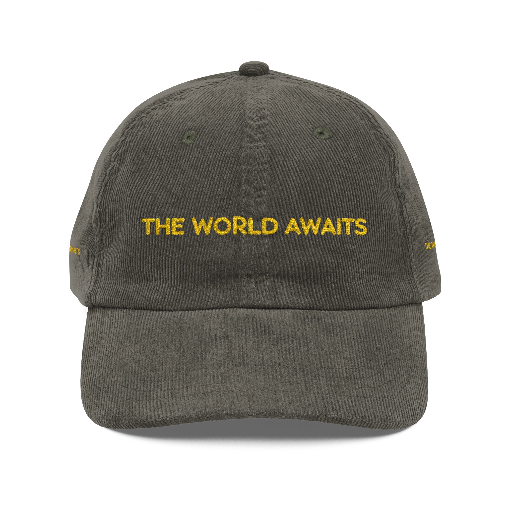 Vintage Corduroy Cap (Embroidery) — "The Worlds Awaits" Embroidered Hat