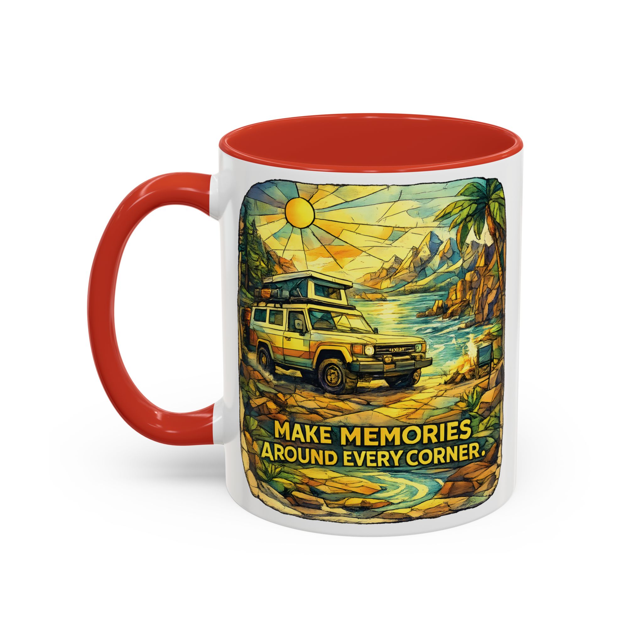 Accent Coffee Mug (11, 15oz) — "Make Memories Around Every Corner" Design Cubic-Line