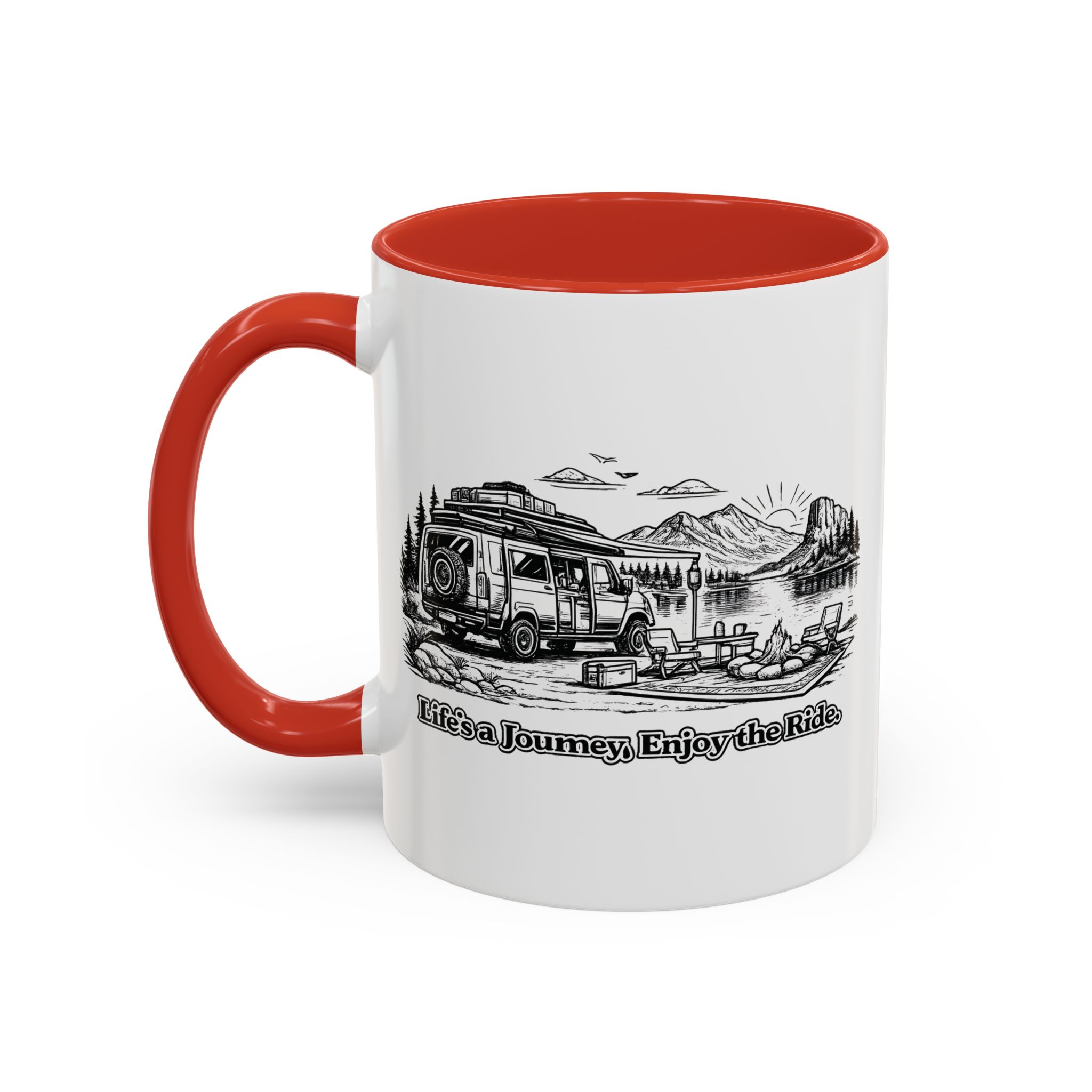 Accent Coffee Mug (11, 15oz) — "Lifes A Journey,Enjoy The Ride" Design Minimal-Line