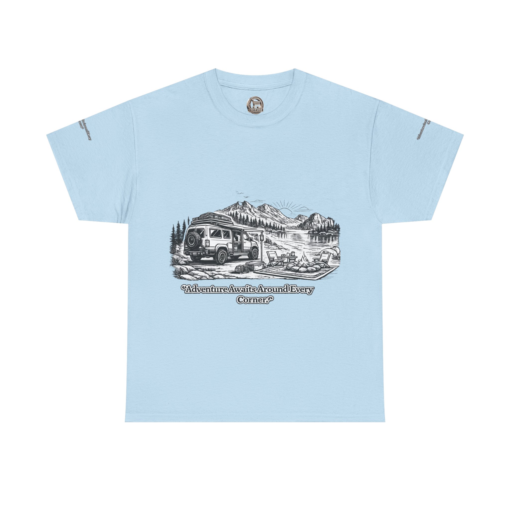 Unisex Heavy Cotton Tee — "Adventure Awaits Around Every Corner" Design Minimal-Line