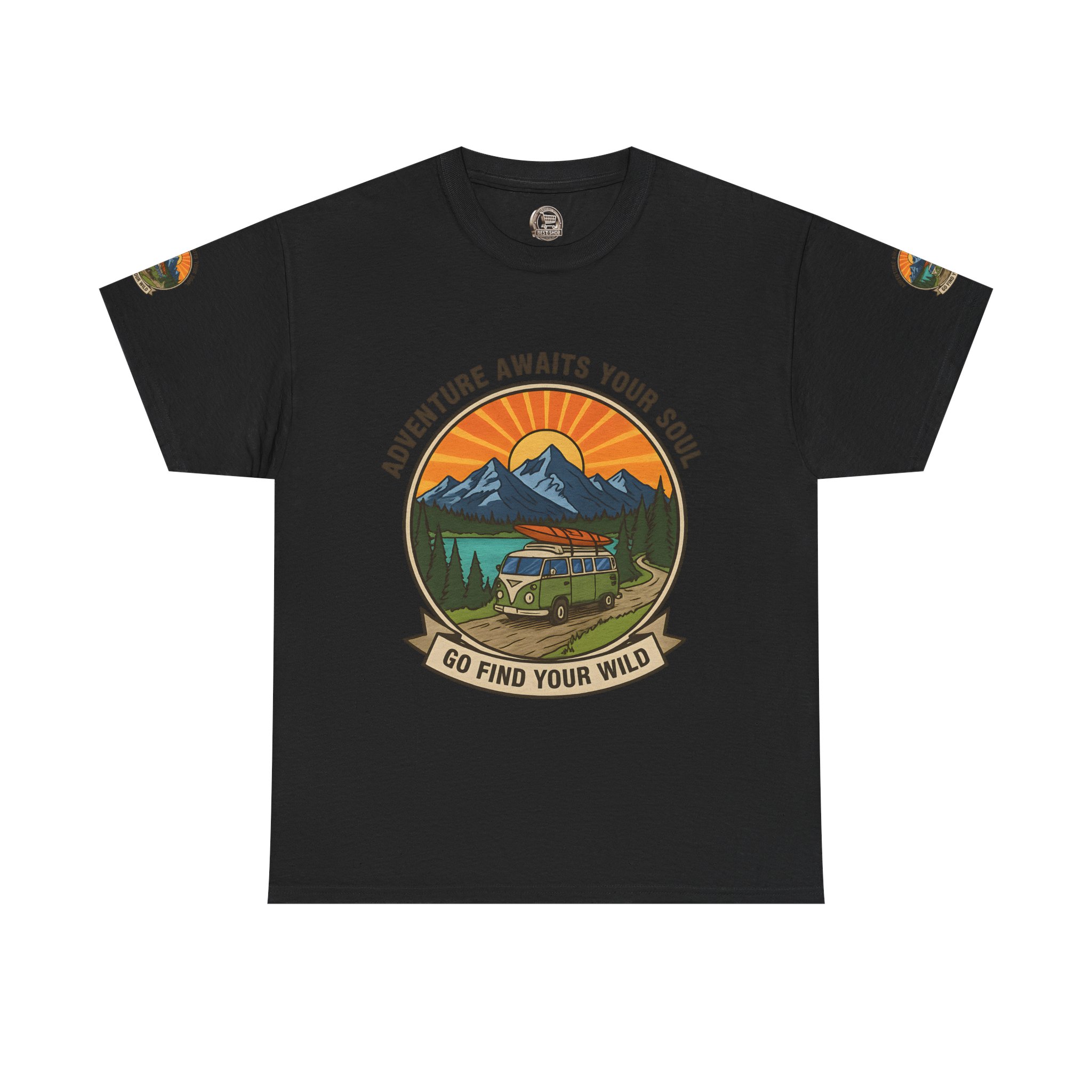 Unisex Heavy Cotton Tee — “Adventure Awaits Your Soul: Go Find Your Wild” Van & Mountain Graphic