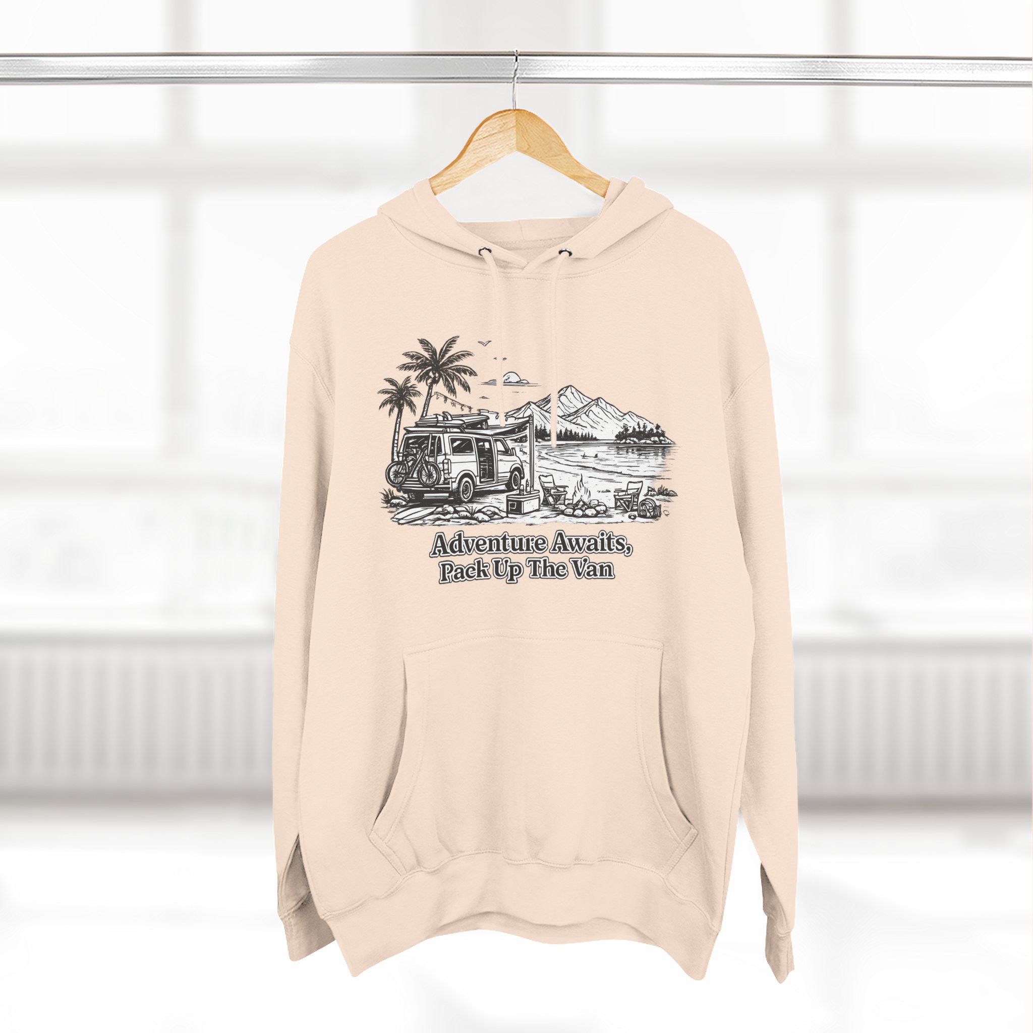 Three-Panel Fleece Hoodie - "Adventure Awaits,Pack Up The Van" Design Minimal-Line