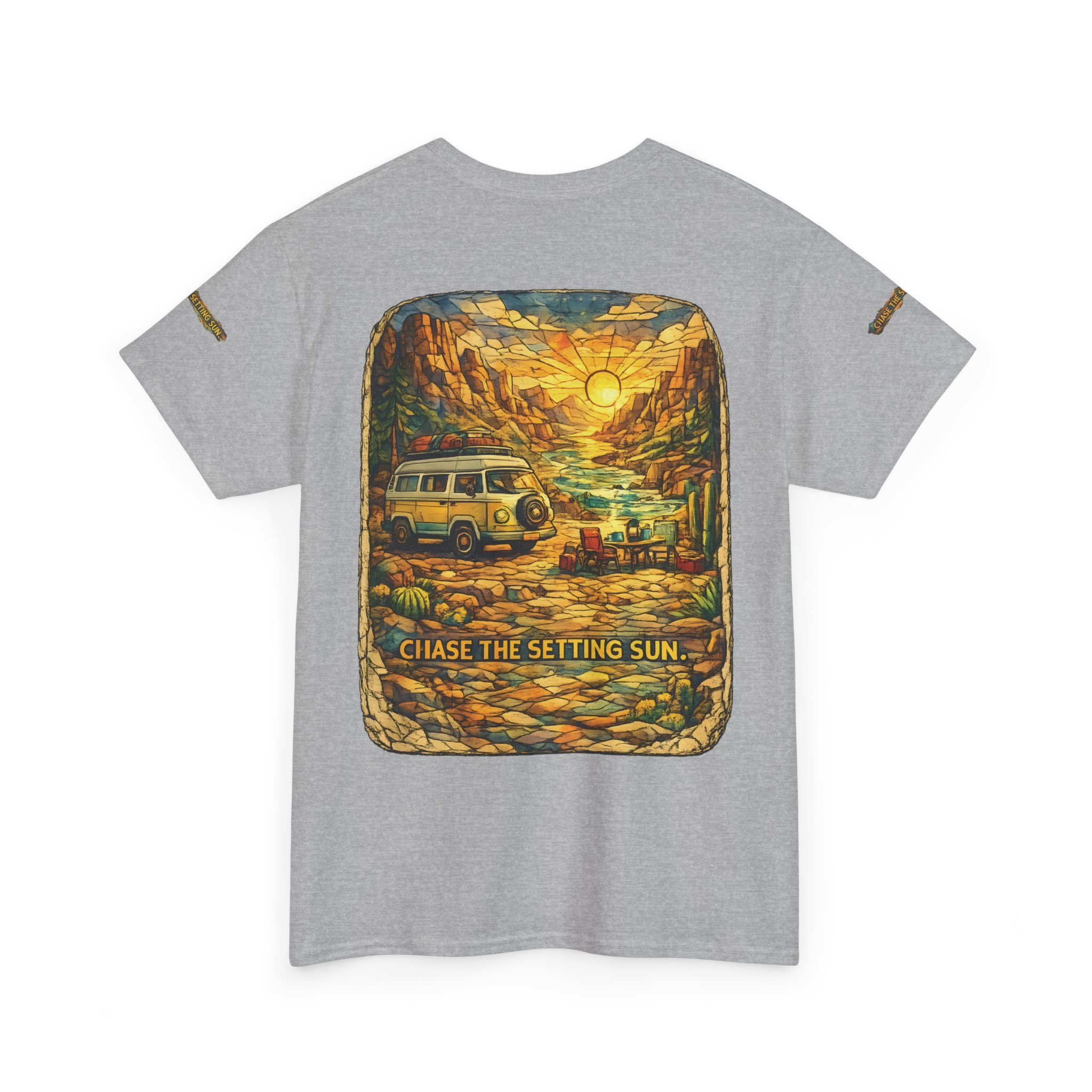 Unisex Heavy Cotton Tee — "Chase The Settings Sun" Design Cubic-Line