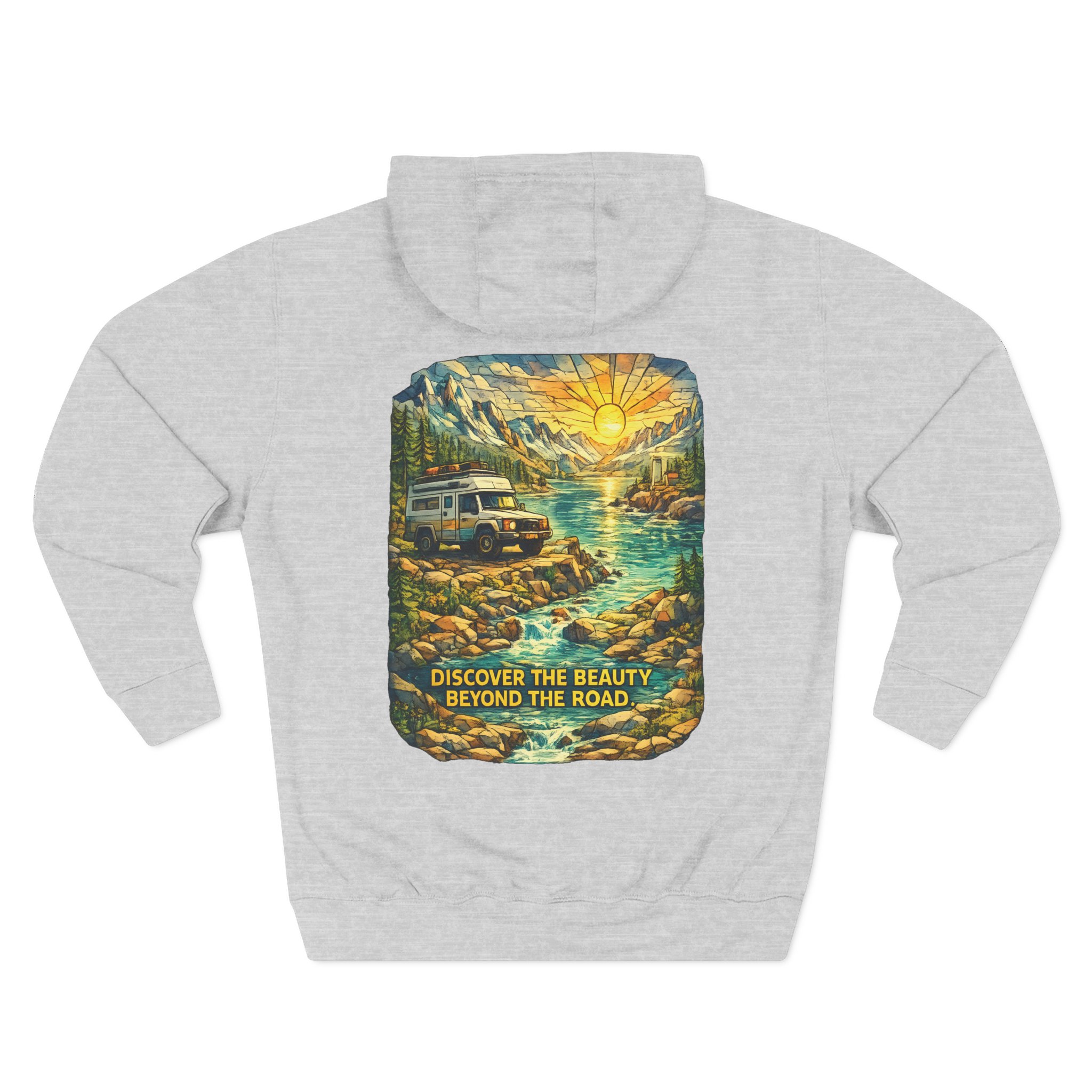 Three-Panel Fleece Hoodie - "Discover The Bieuty Beyond The Road" Design Cubic-Line