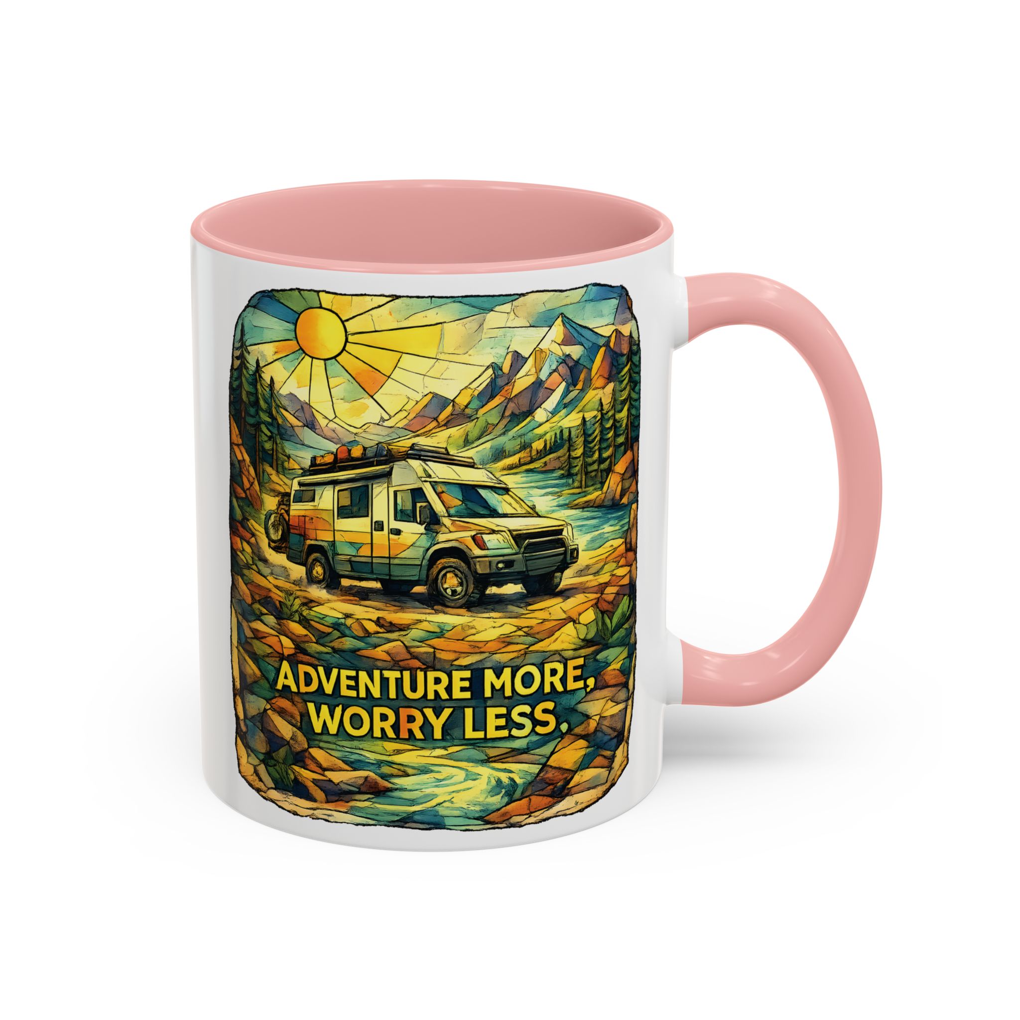 Accent Coffee Mug (11, 15oz) — "Adventure More Worry Less" Design Cubic-Line