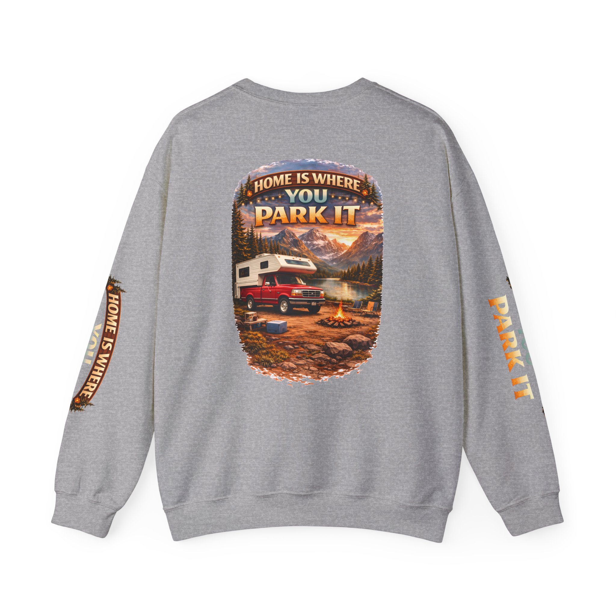 Unisex Heavy Blend™ Crewneck Sweatshirt — "Home Is Where You Park It" Design Scenic-Line