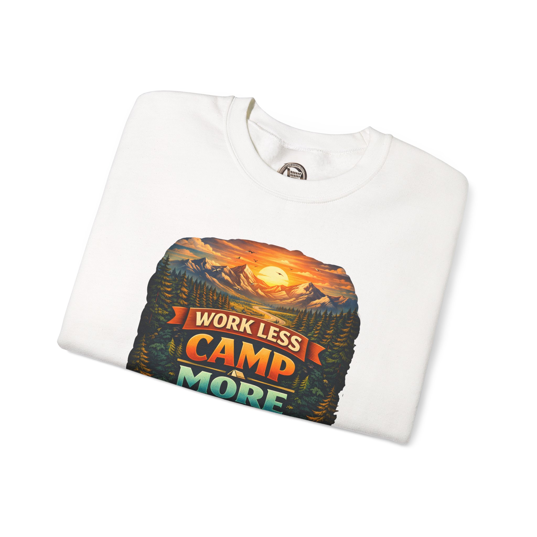Unisex Heavy Blend™ Crewneck Sweatshirt — "Work Less-Camp More" Design Scenic-Line