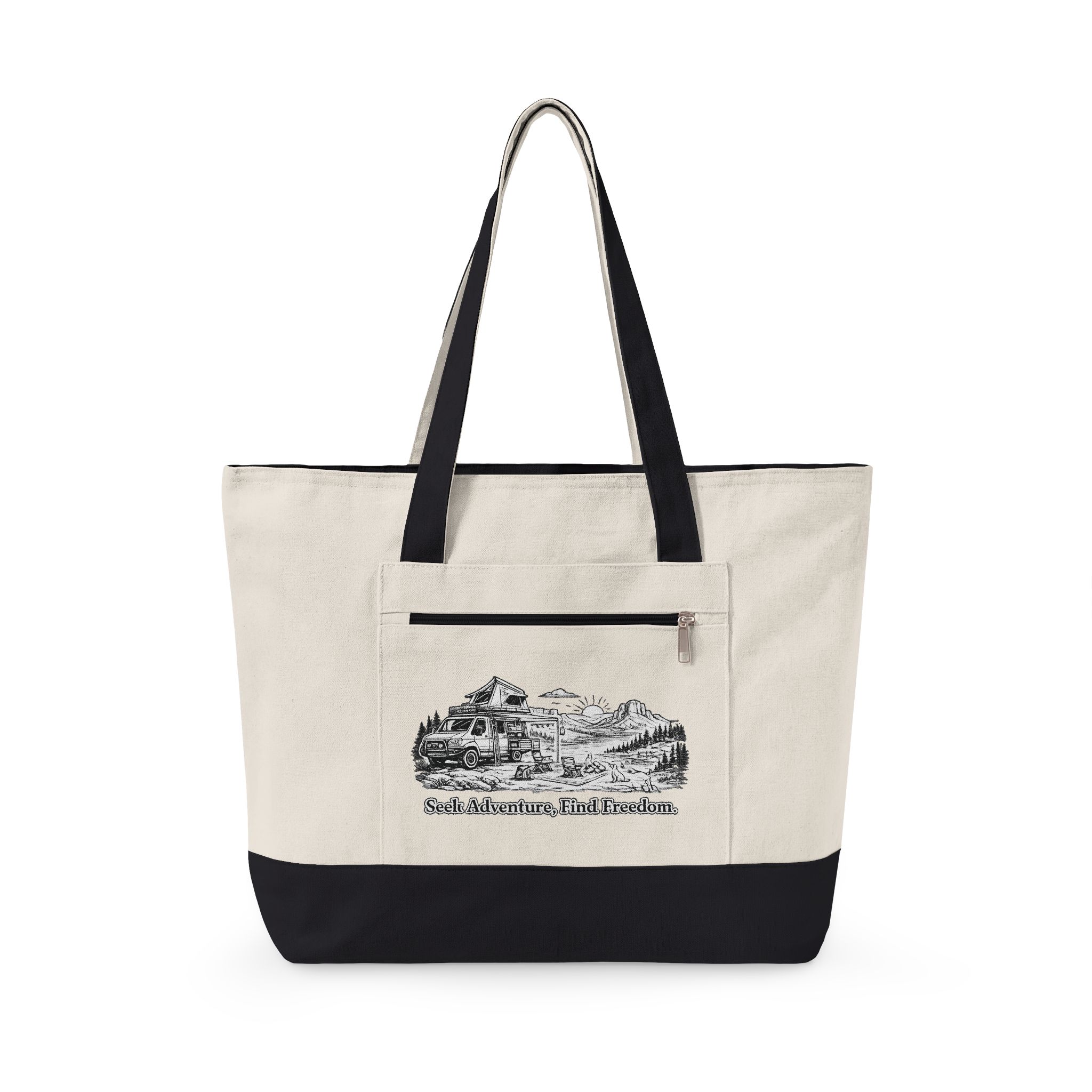 Zippered Canvas Tote — "Seek Adventure, Find Freedom" (Design Minimal-Line)