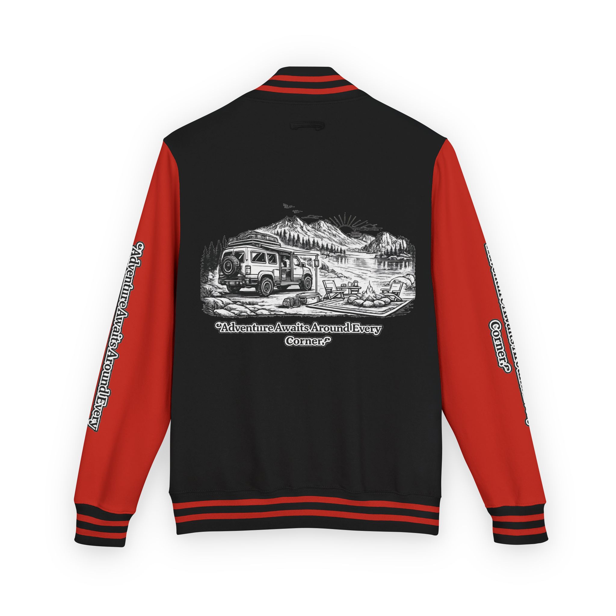 Unisex Heavyweight Letterman Jacket — "Adventure Awaits Around Every Corner" Travel Varsity Coat