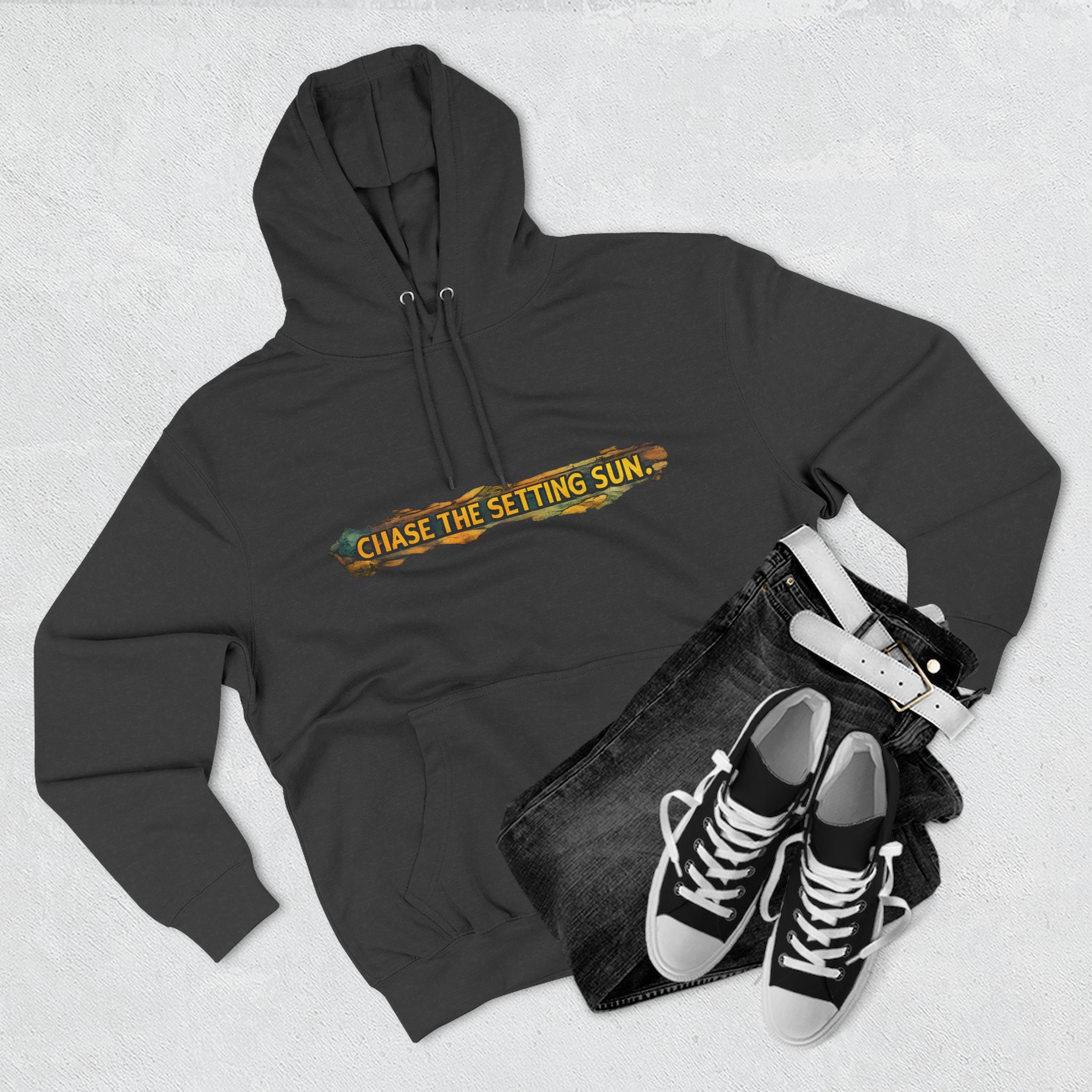 Three-Panel Fleece Hoodie - "Chase The Settings Sun" Design Cubic-Line