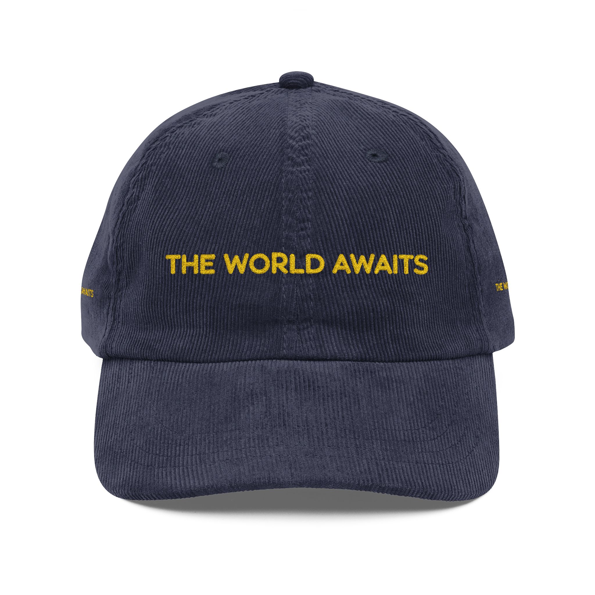 Vintage Corduroy Cap (Embroidery) — "The Worlds Awaits" Embroidered Hat