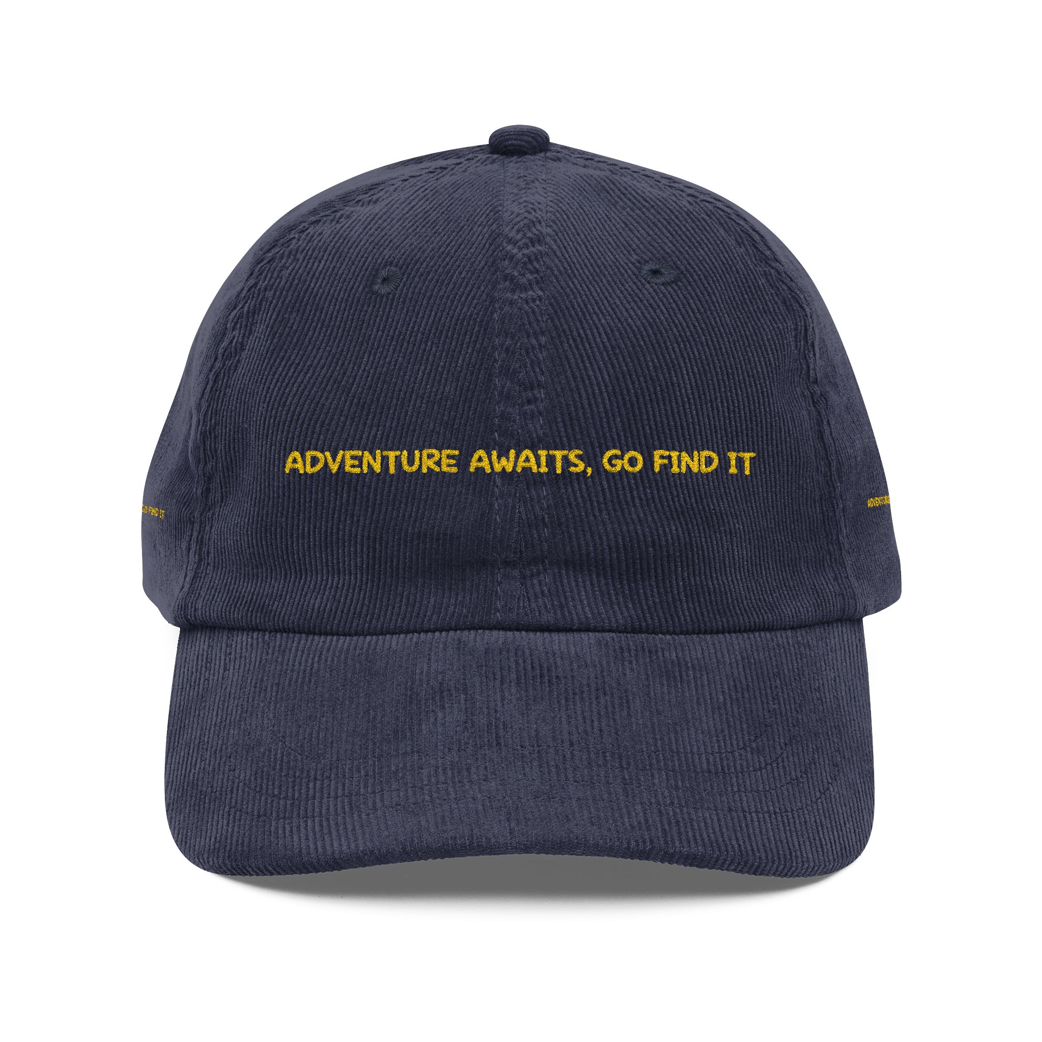 Vintage Corduroy Cap (Embroidery) — "Adventure Awaits,Go Find It" Embroidered Hat