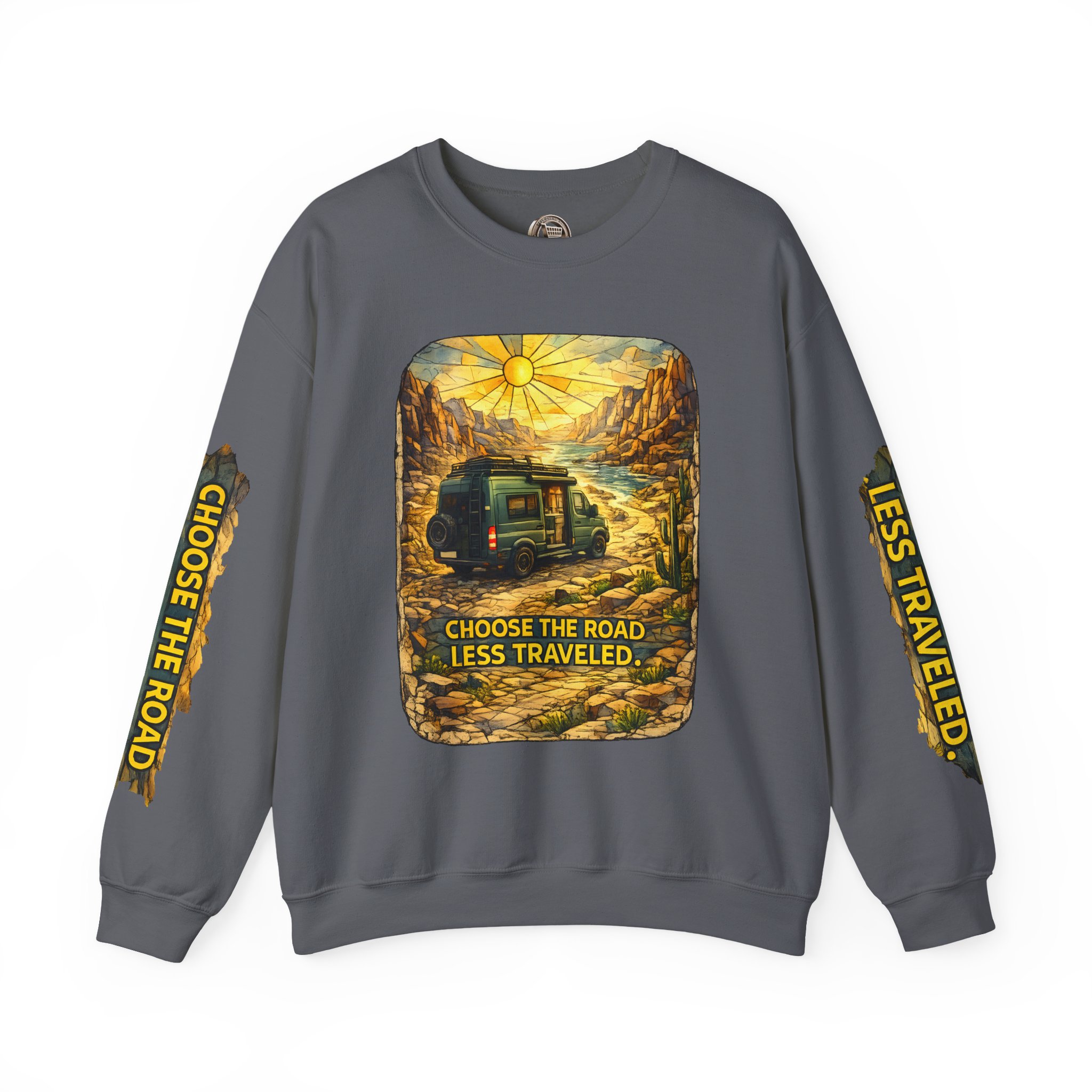 Unisex Heavy Blend™ Crewneck Sweatshirt — "Choose The Road Less Traveled" Design Cubic-Line