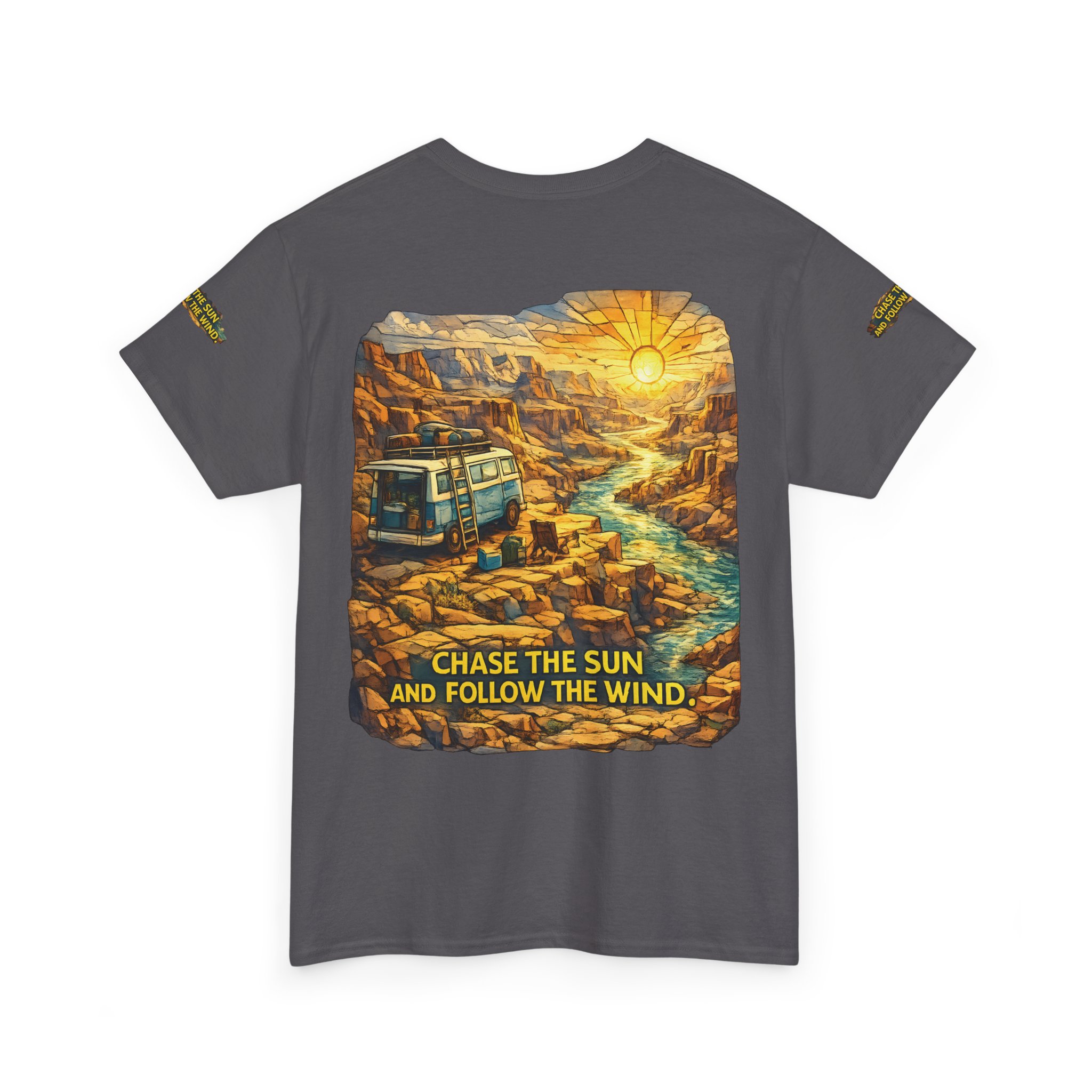 2515529934838681676_2048.jpeg Unisex Heavy Cotton Tee — "Chase The Sun And Follow The Wind" Design Cubic-Line