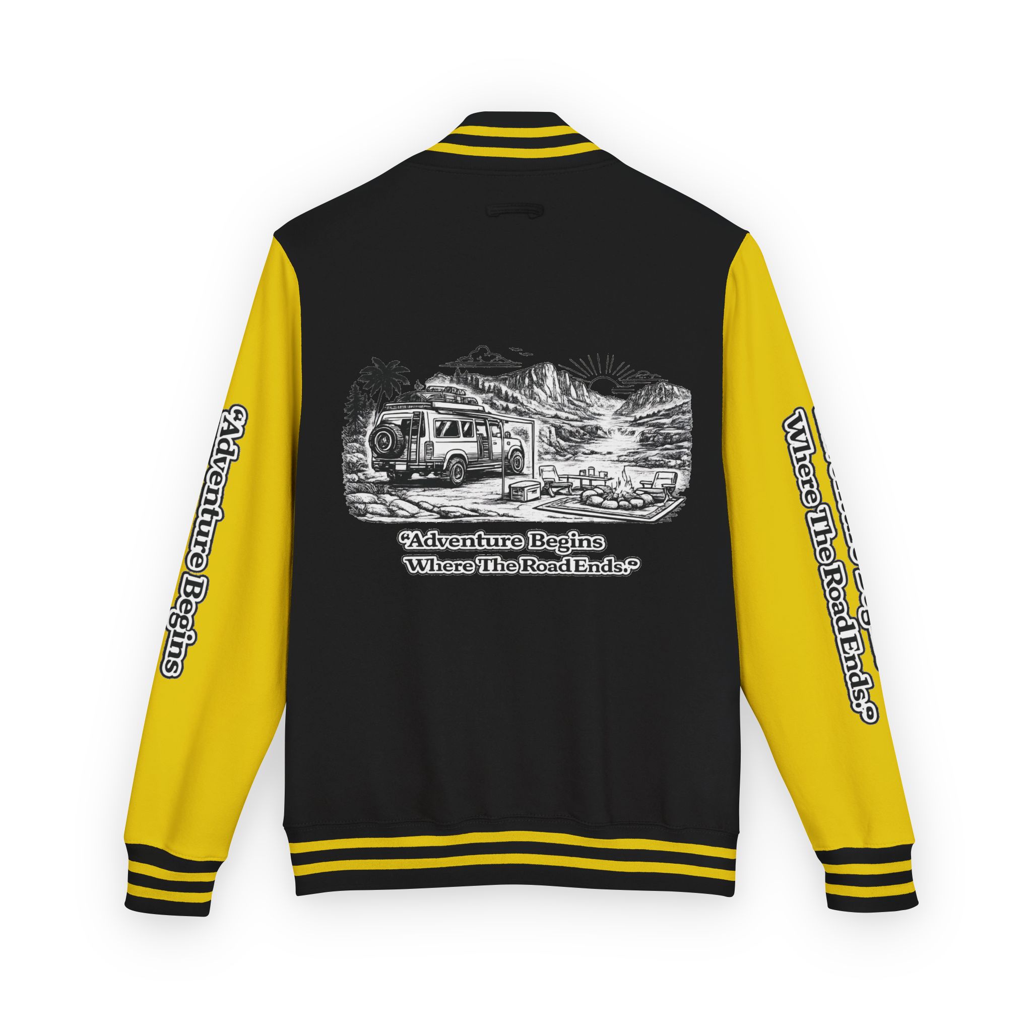 2521722642489150662_2048-1.jpeg Unisex Heavyweight Letterman Jacket — "Adventure Begins Where The Road Ends" Travel Varsity Coat