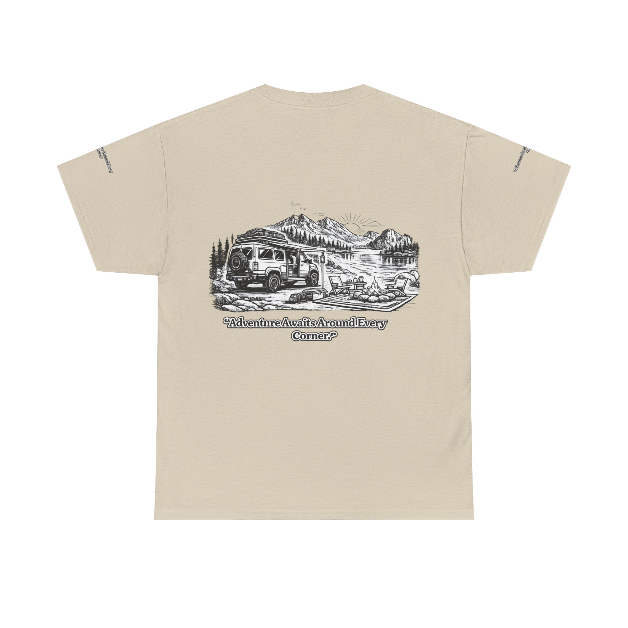 Unisex Heavy Cotton Tee — "Adventure Awaits Around Every Corner" Design Minimal-Line