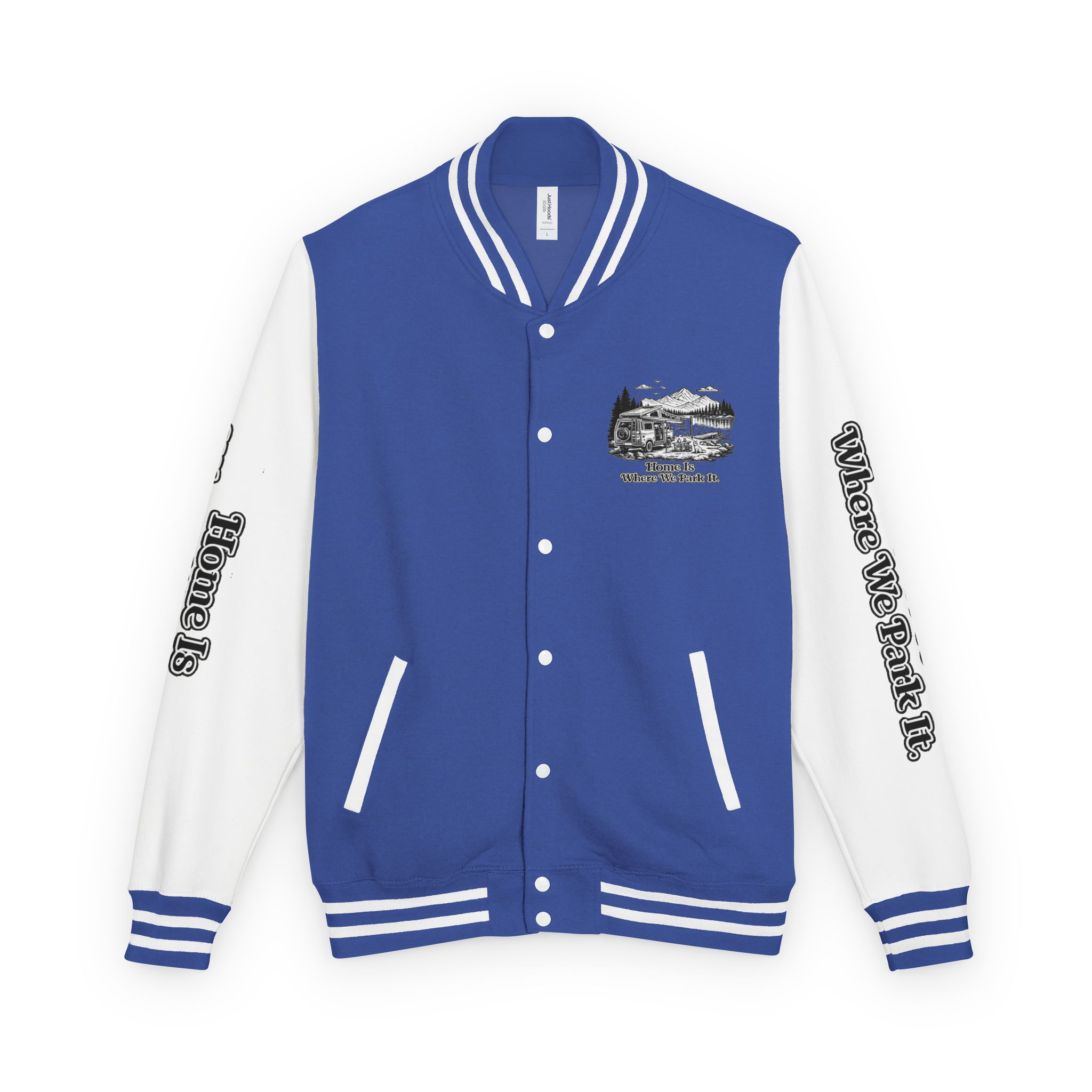 Unisex Heavyweight Letterman Jacket — "Home Is Where You Park It" Travel Varsity Coat
