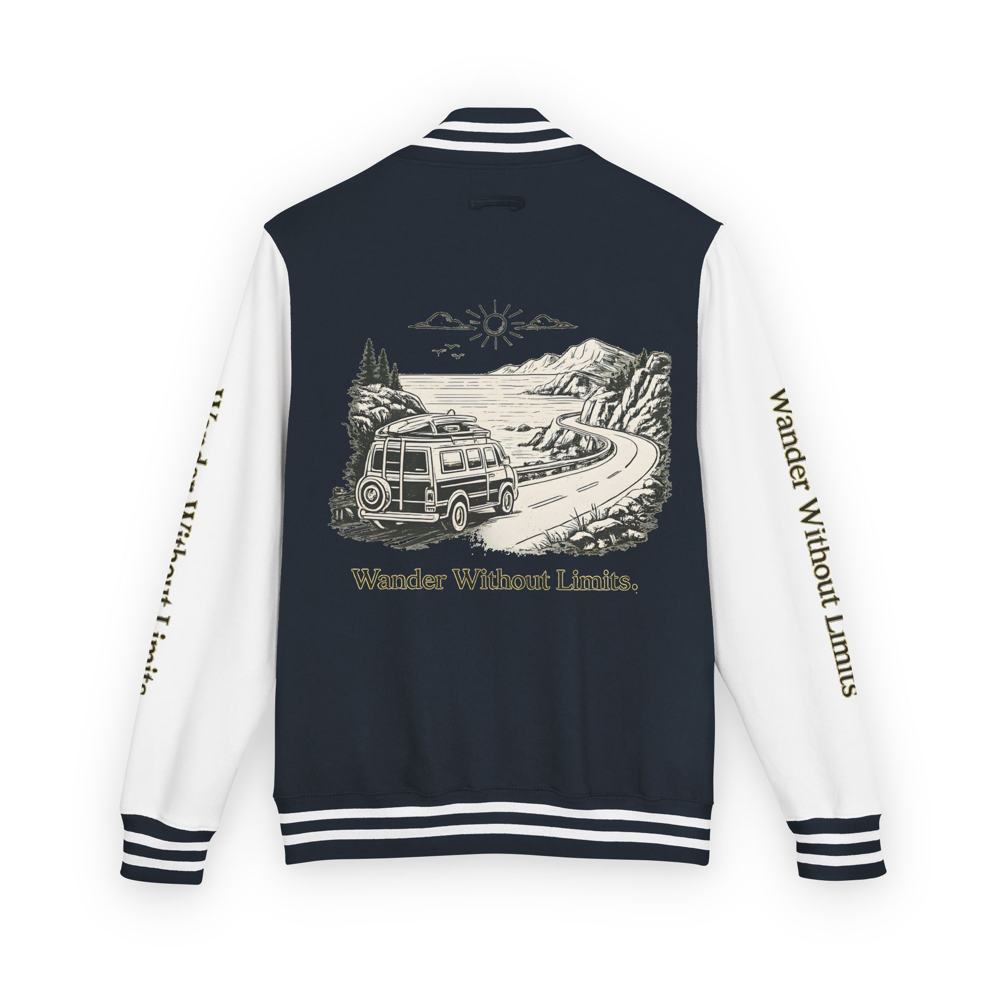 Unisex Heavyweight Letterman Jacket — "Wander Without Limits" Travel Varsity Coat