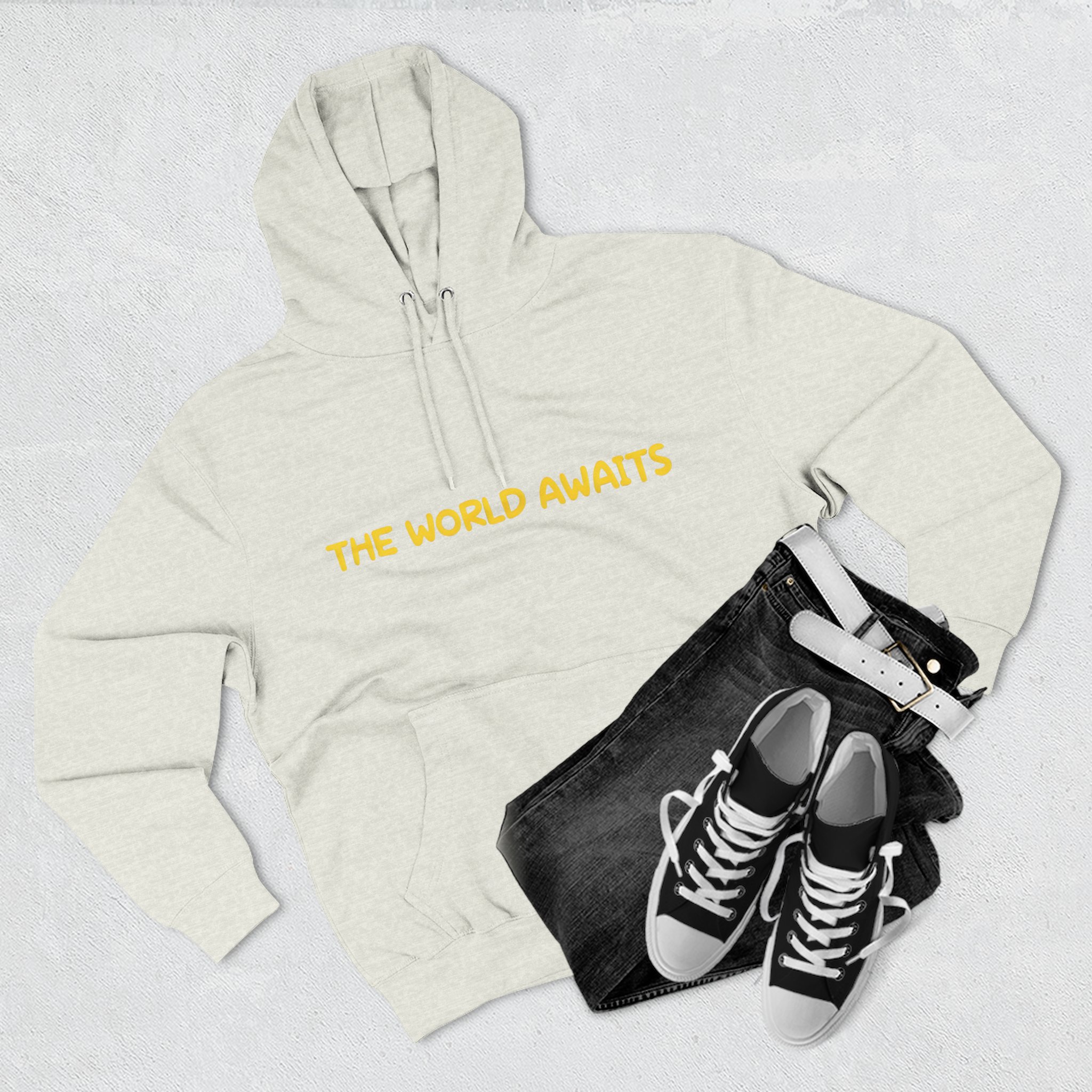 Three-Panel Fleece Hoodie - "The World Awaits" Design Sitcom-Line