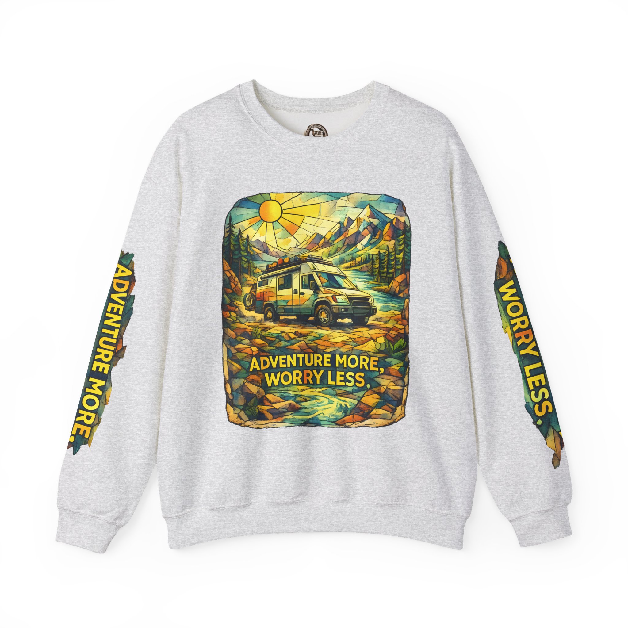 Unisex Heavy Blend™ Crewneck Sweatshirt — "Adventure More Worry Less" Design Cubic-Line