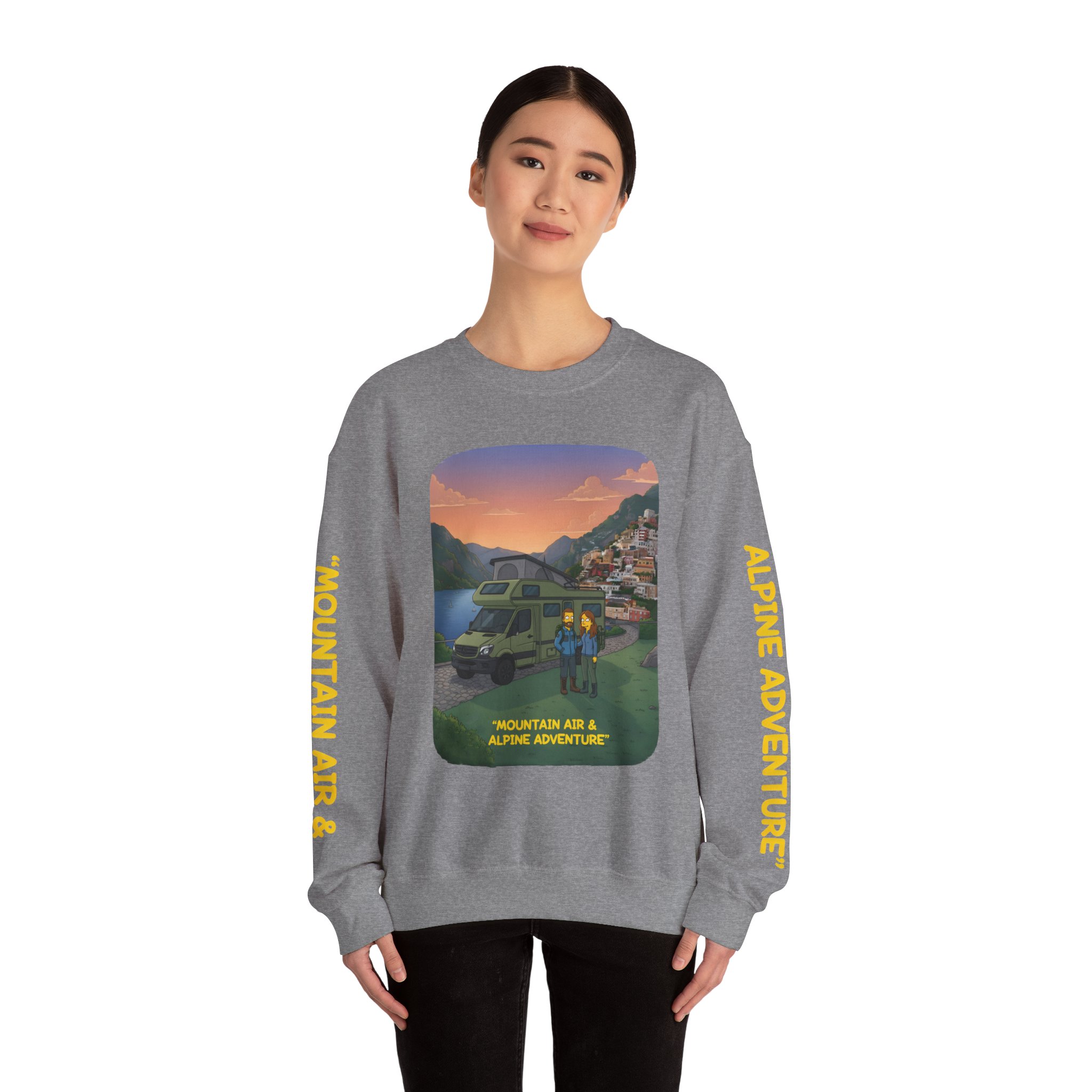 Unisex Heavy Blend™ Crewneck Sweatshirt — "Mountain Air And Alpine Adventure"" Design Sitcom-Line