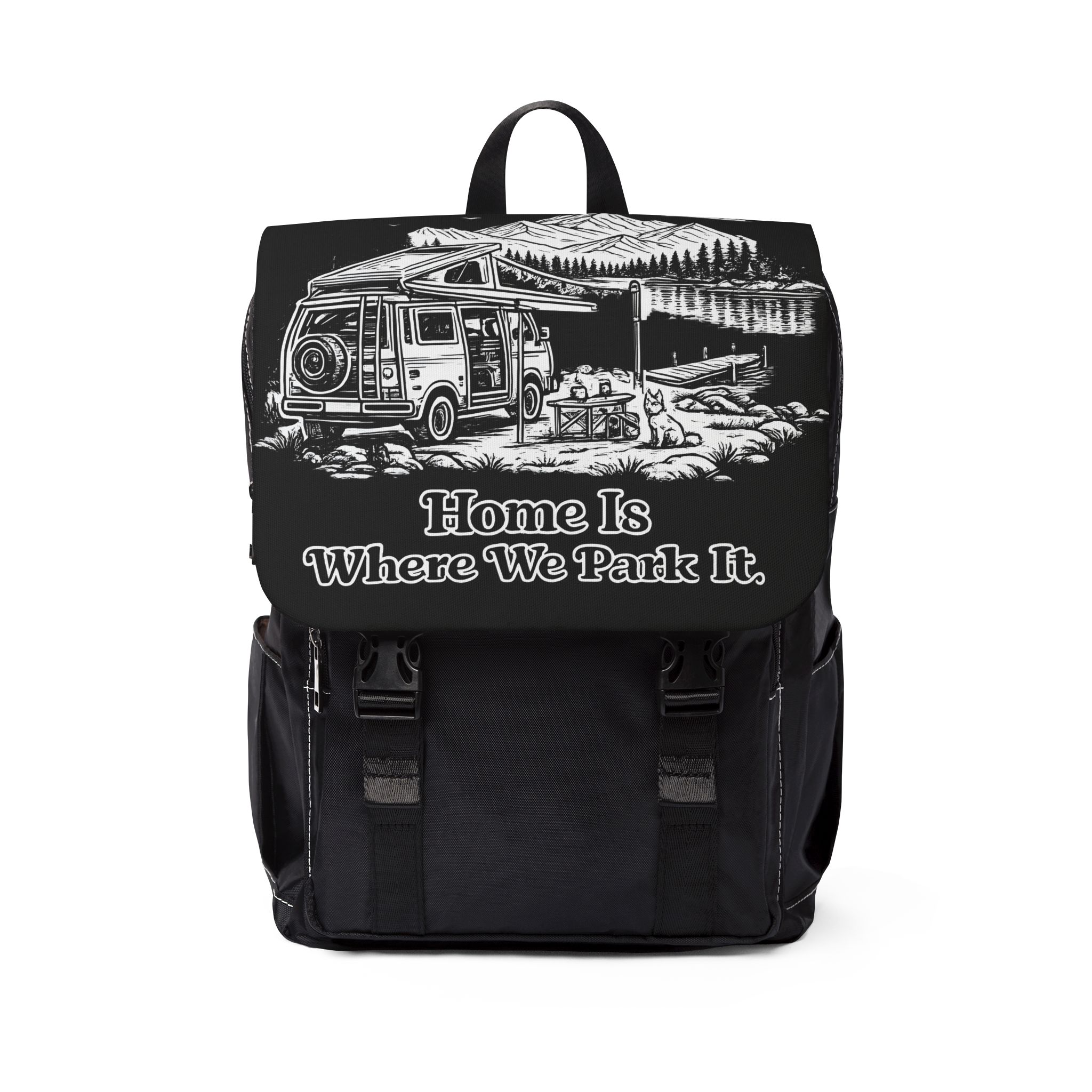 Unisex Casual Shoulder Backpack — "Home Is Where You Park It" Design Minimal-Line