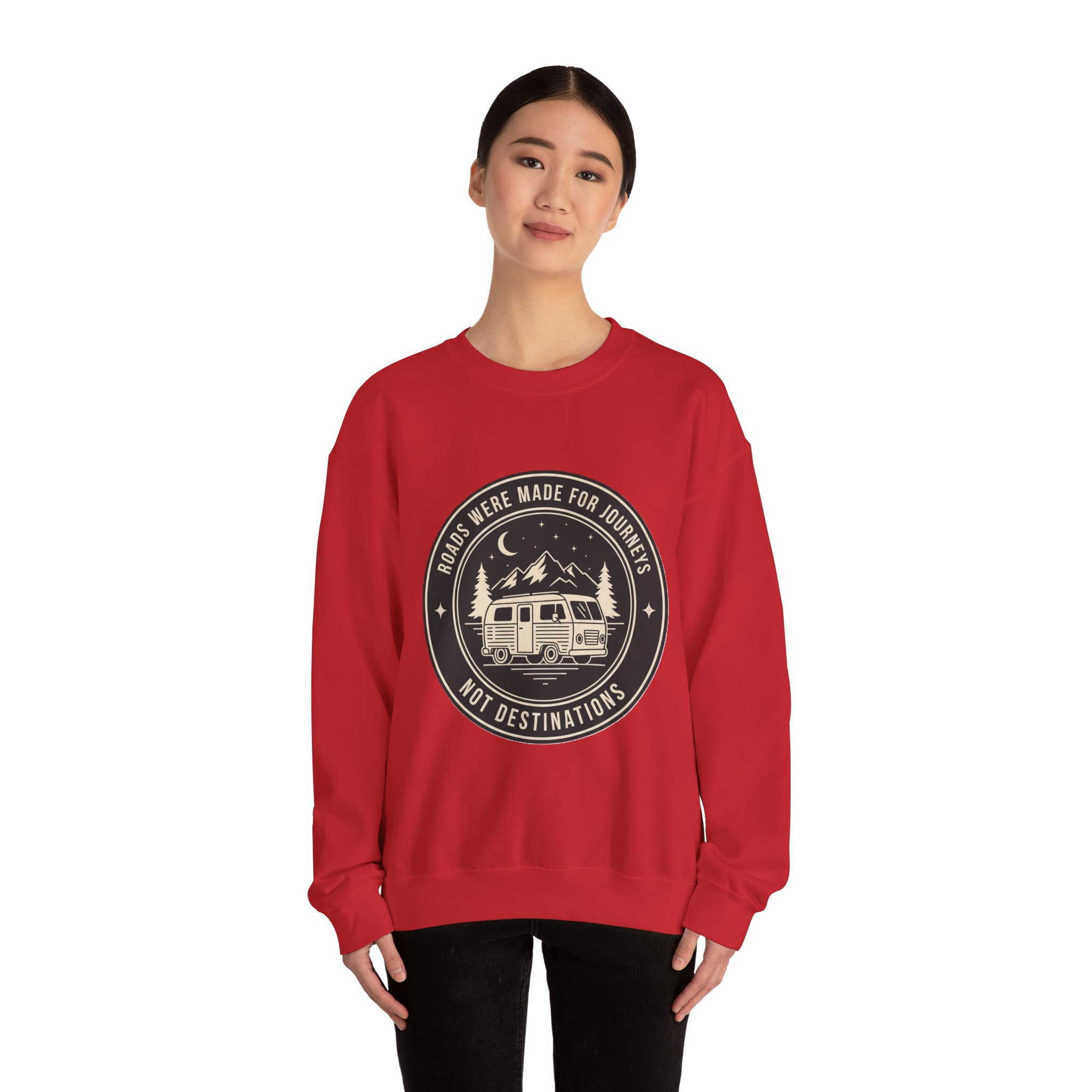 2556829173067937082_2048.jpeg Crewneck Sweatshirt — "ROAD WHERE MADE FOR JOURNEYS-NOT DESTINATIONS" (Ony Font printed) Vintage Camper Van Outdoor Graphic