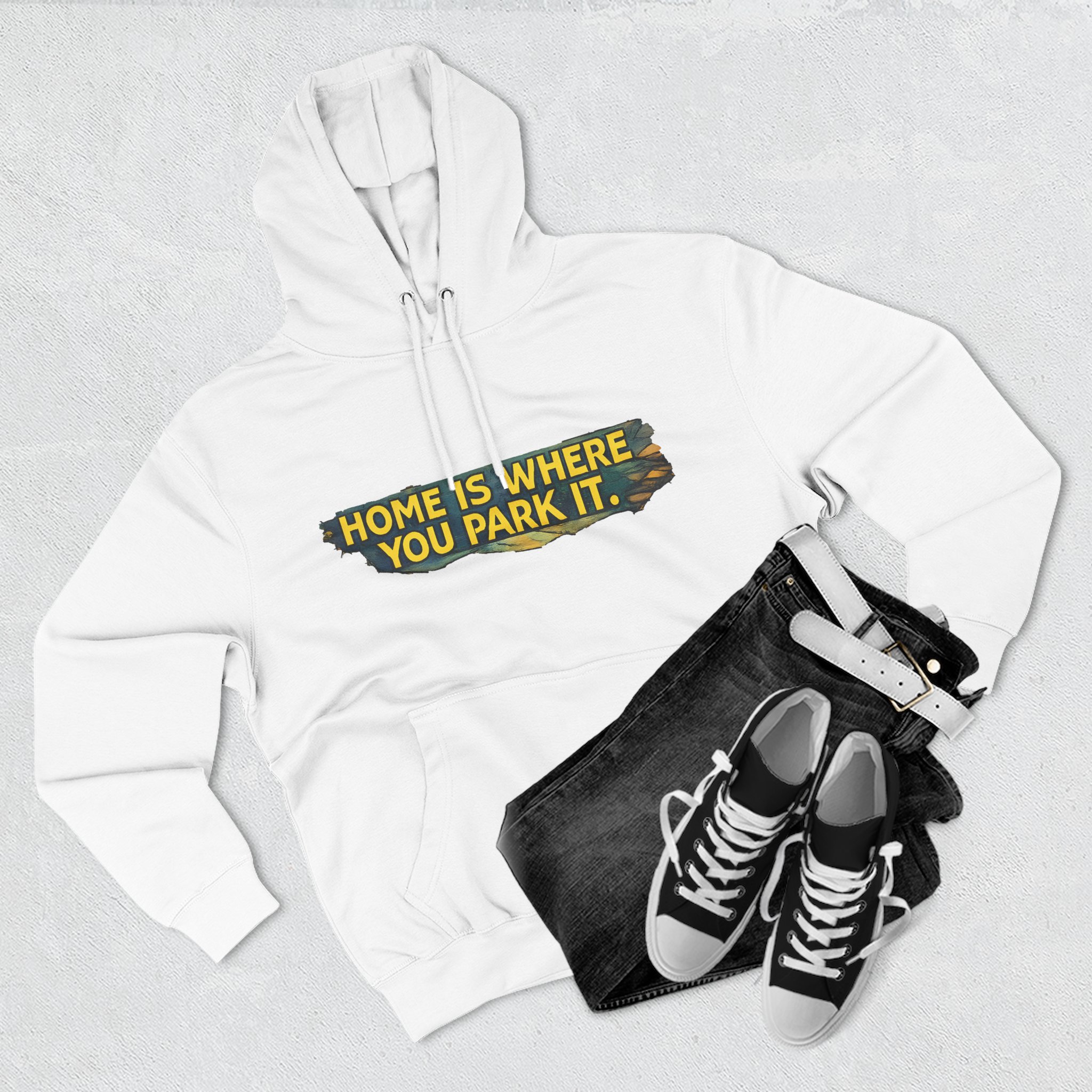 Three-Panel Fleece Hoodie - ""Home Is Where You Park It"" Design Cubic-Line
