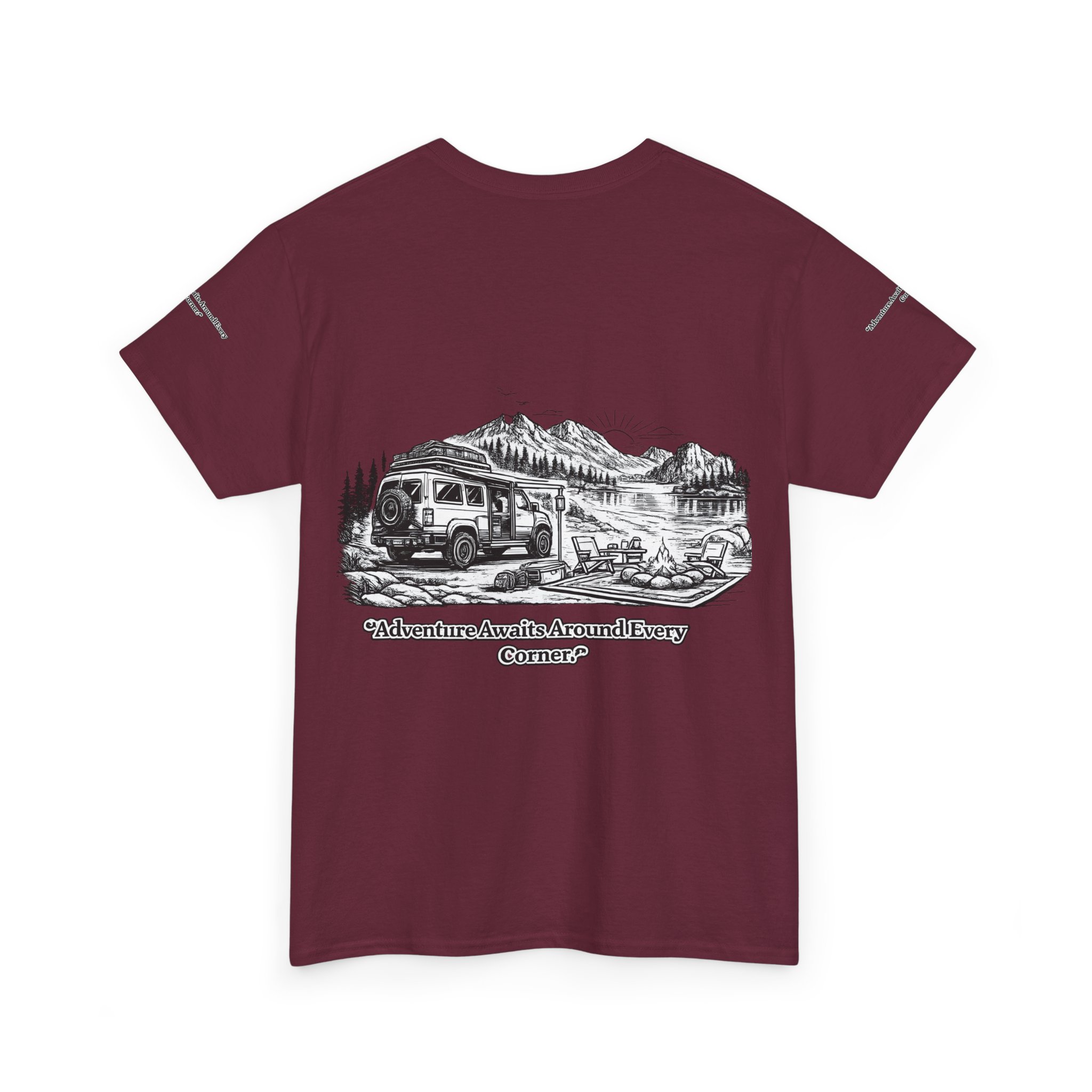 Unisex Heavy Cotton Tee — "Adventure Awaits Around Every Corner" Design Minimal-Line