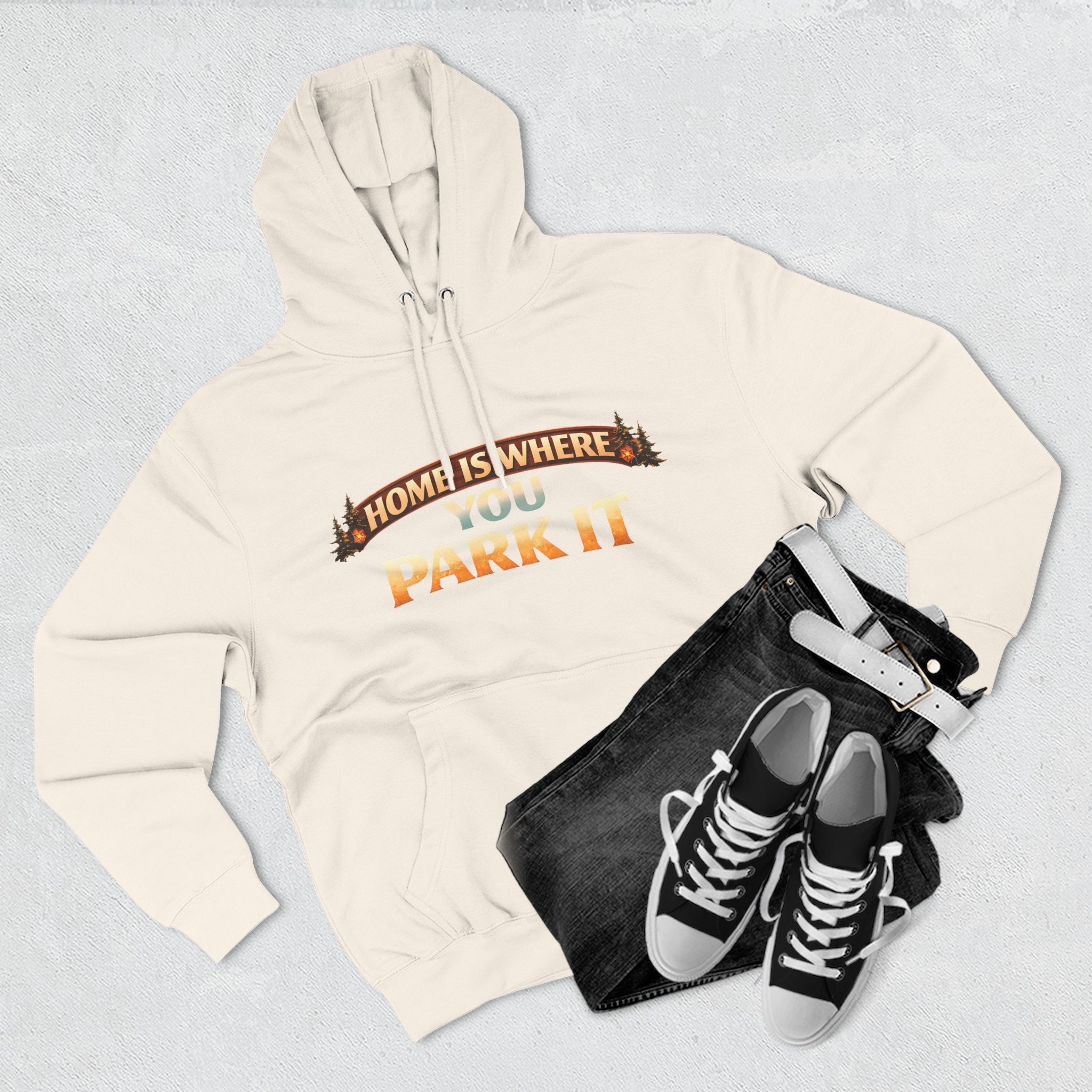 2591818546061862310_2048.jpeg Three-Panel Fleece Hoodie - "Home Is Where You Park It" Design Scenic-Line