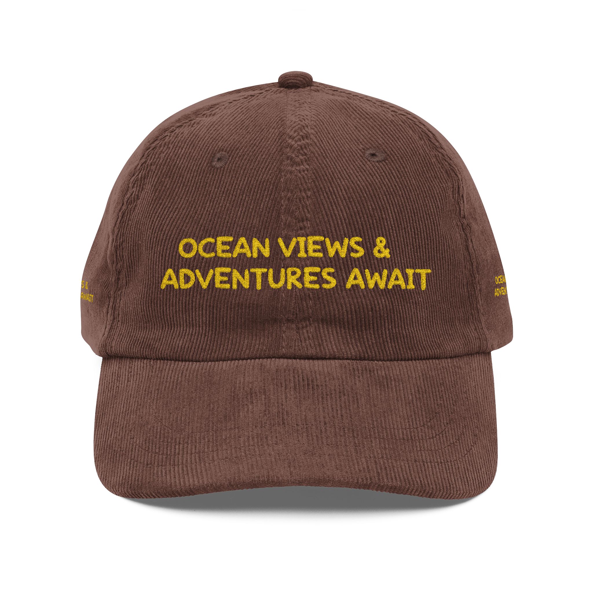 Vintage Corduroy Cap (Embroidery) — "Ocean Views & Adventures Awaits" Embroidered Hat