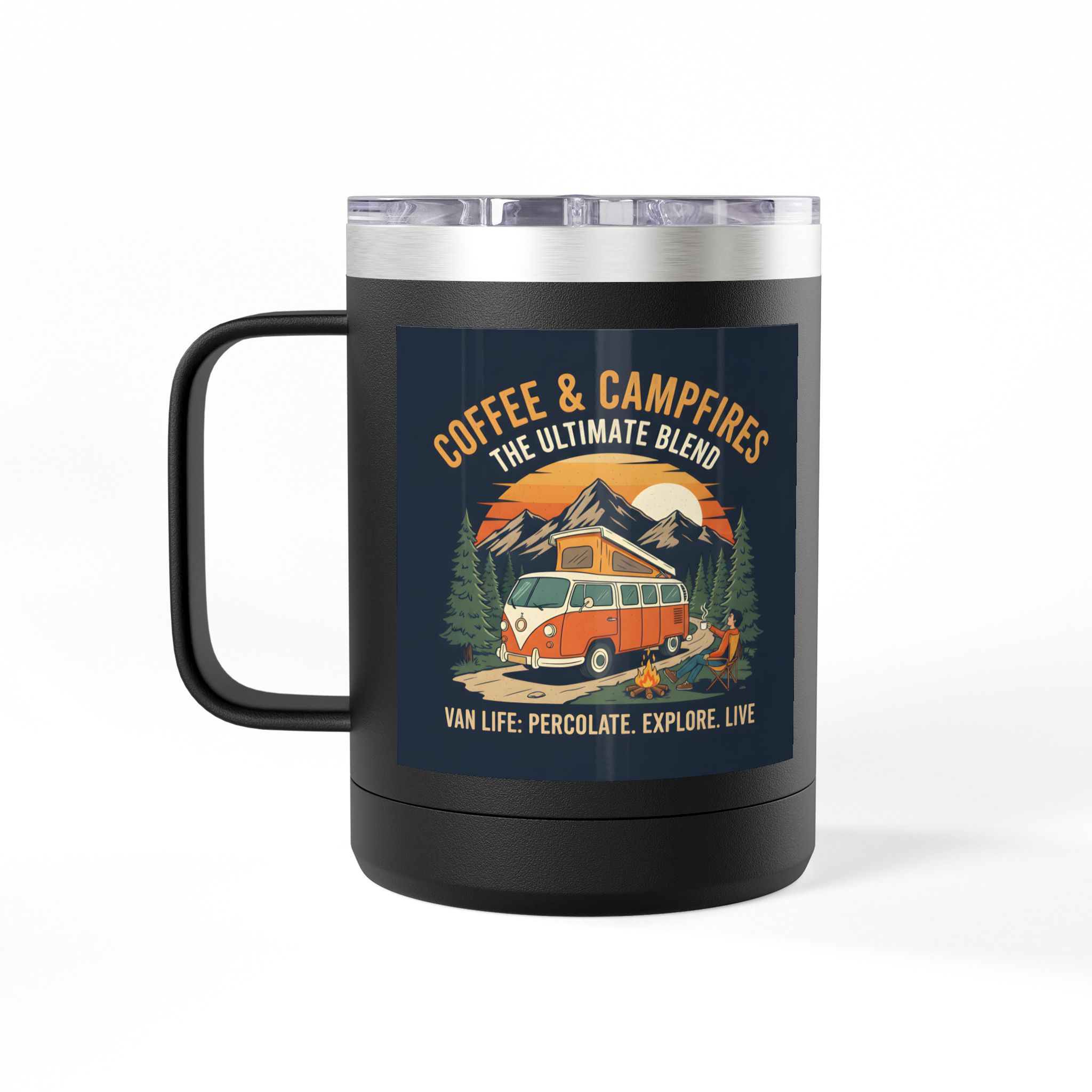 Coffee Mug Tumbler, 15oz — “Coffee & Campfires: The Ultimate Blend”