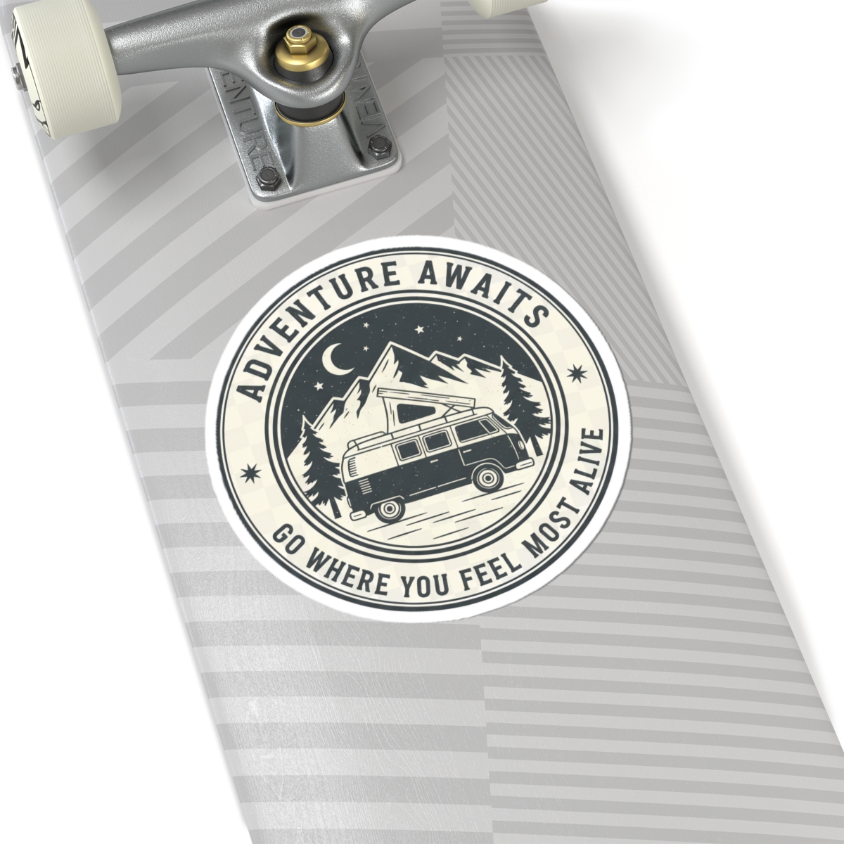 2602044125363319345_1200.jpeg Round Sticker — "Adventure Awaits-Go Where You Feel Most Alive" Camper Van Decal