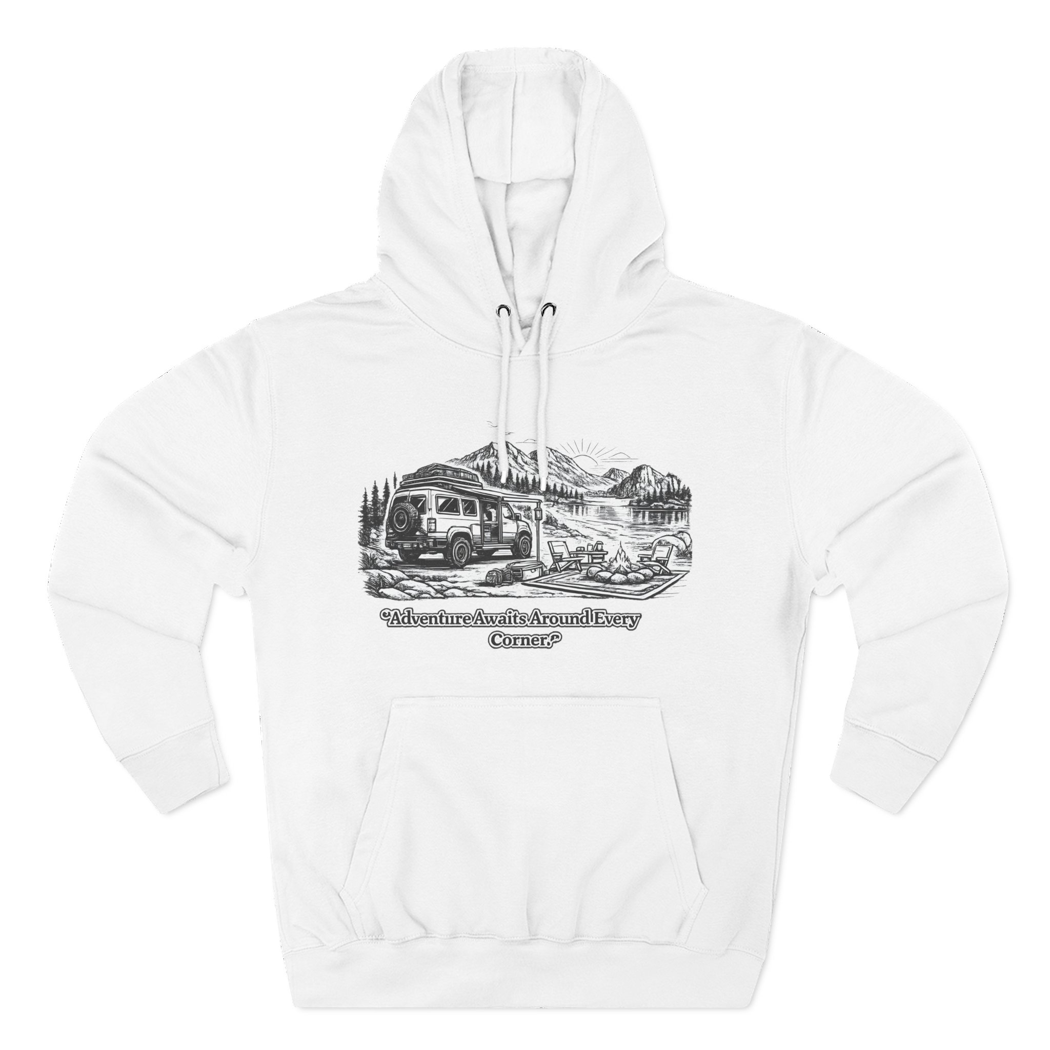 Three-Panel Fleece Hoodie - "Adventure Awaits Around Every Corner" Design Minimal-Line