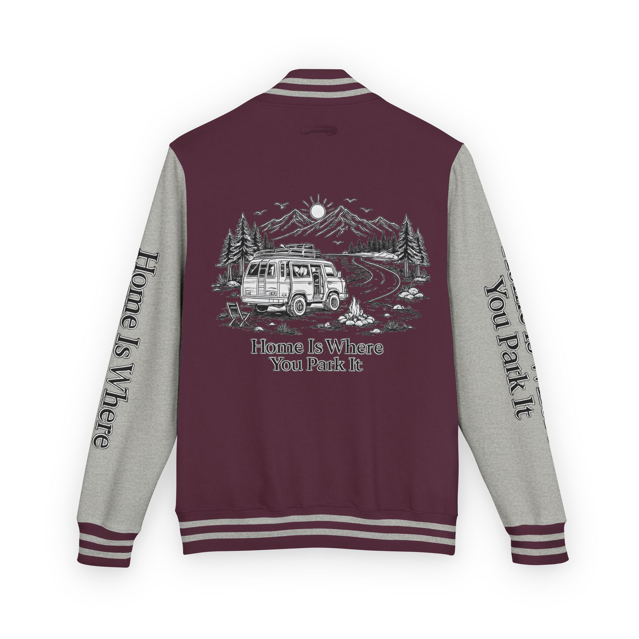 Unisex Heavyweight Letterman Jacket — "Home Is Where You Park It" Travel Varsity Coat