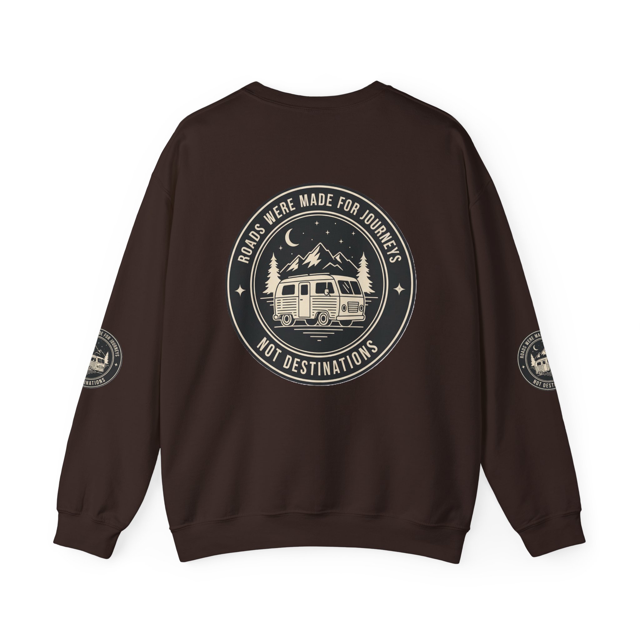 Crewneck Sweatshirt — "ROAD WHERE MADE FOR JOURNEYS-NOT DESTINATIONS" (Font + Back + Sleaves printed) Vintage Camper Van Outdoor Graphic