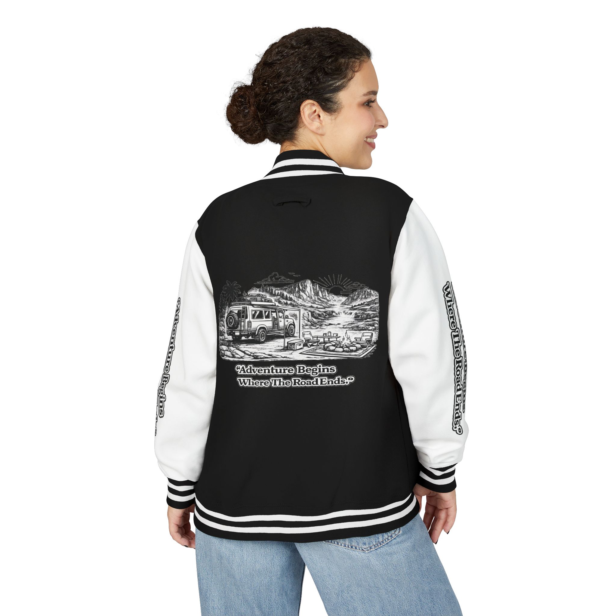 2631396866686108585_2048-1.jpeg Unisex Heavyweight Letterman Jacket — "Adventure Begins Where The Road Ends" Travel Varsity Coat