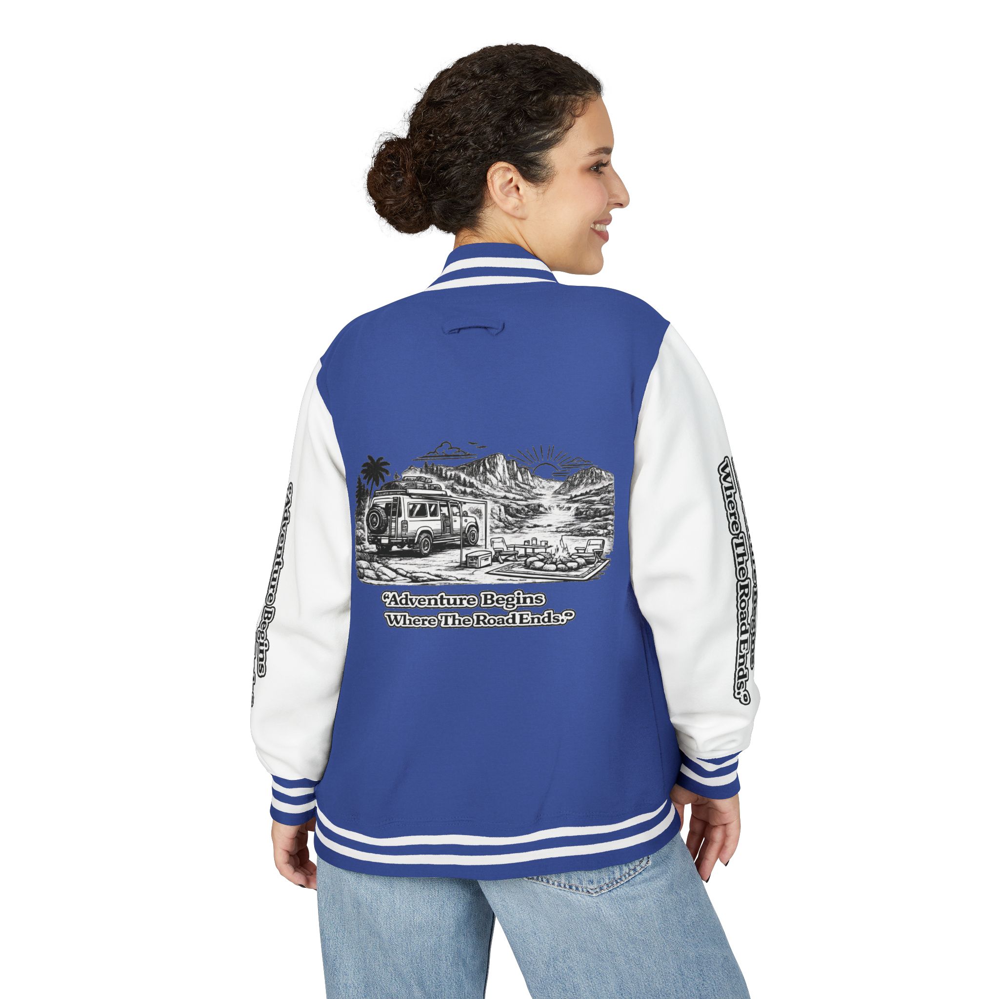 2631458464809136234_2048-1.jpeg Unisex Heavyweight Letterman Jacket — "Adventure Begins Where The Road Ends" Travel Varsity Coat