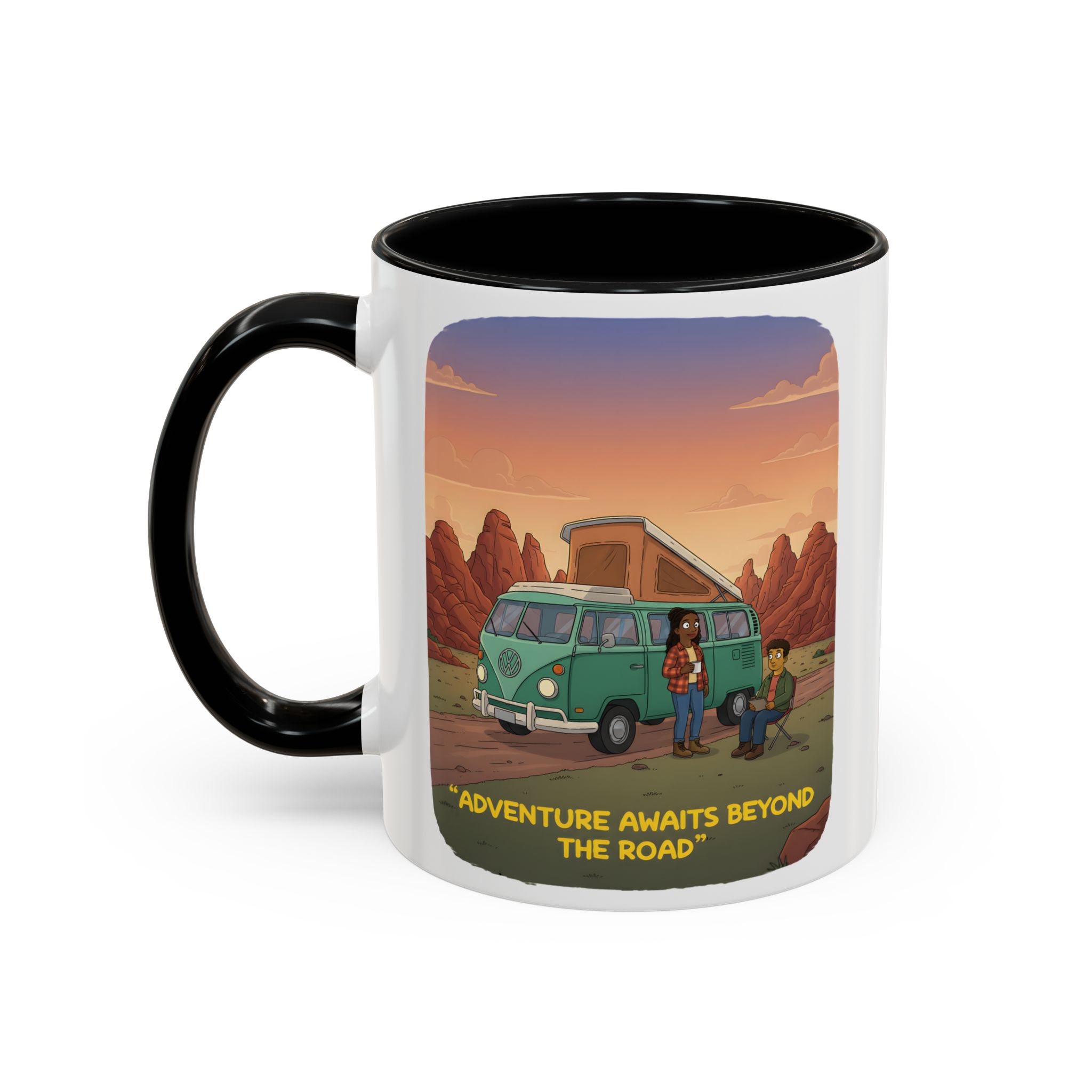 Accent Coffee Mug (11, 15oz) — "Adventure Awaits Beyond The Road" Design Sitcom-Line