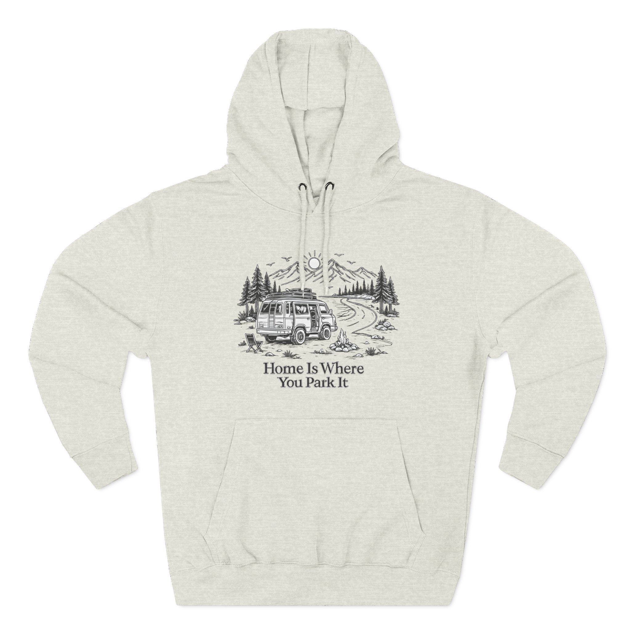 2640495447072578646_2048.jpeg Three-Panel Fleece Hoodie - "Home Is Where You Park It" Design Minimal-Line