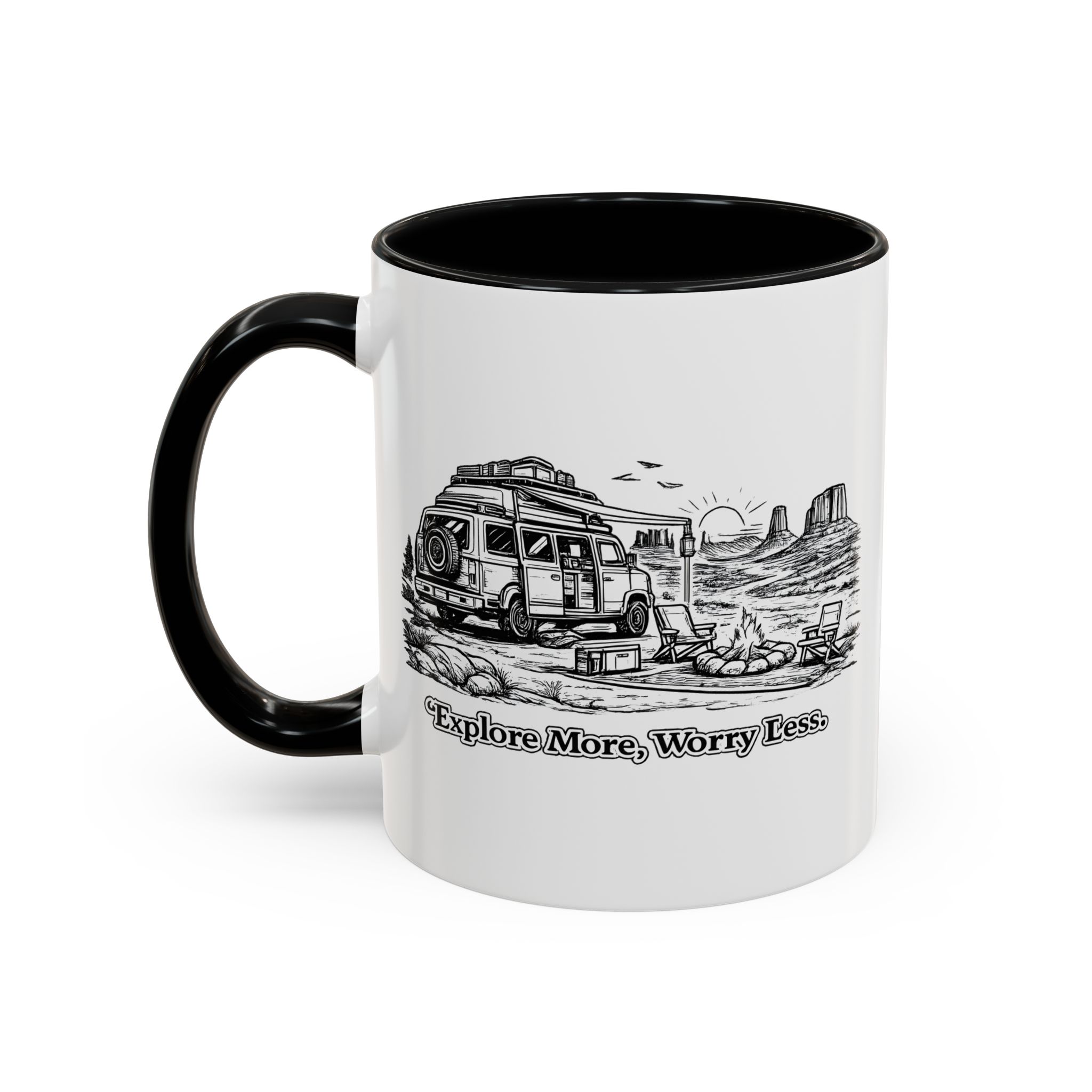 Accent Coffee Mug (11, 15oz) — "Explore More Worry Less" Design Minimal-Line