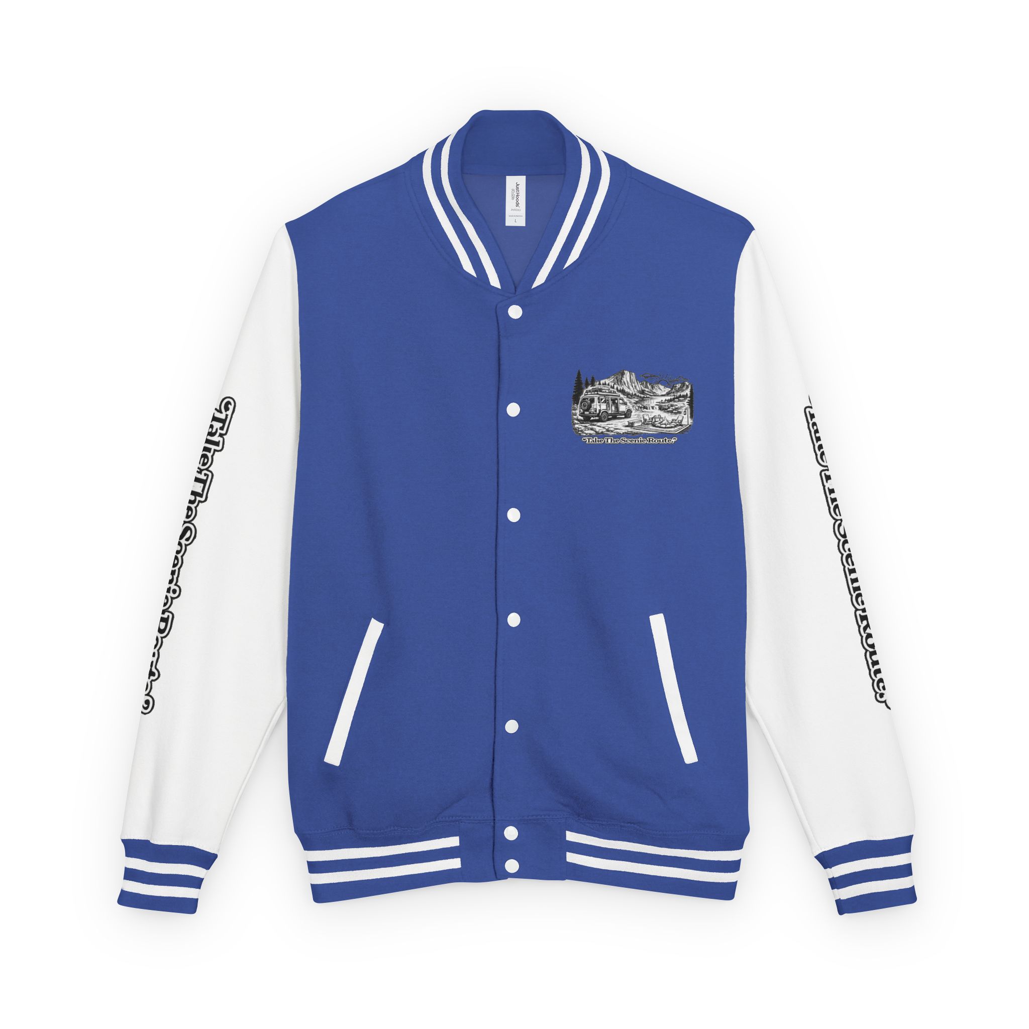 Unisex Heavyweight Letterman Jacket — "Take The Scenic Route" Travel Varsity Coat