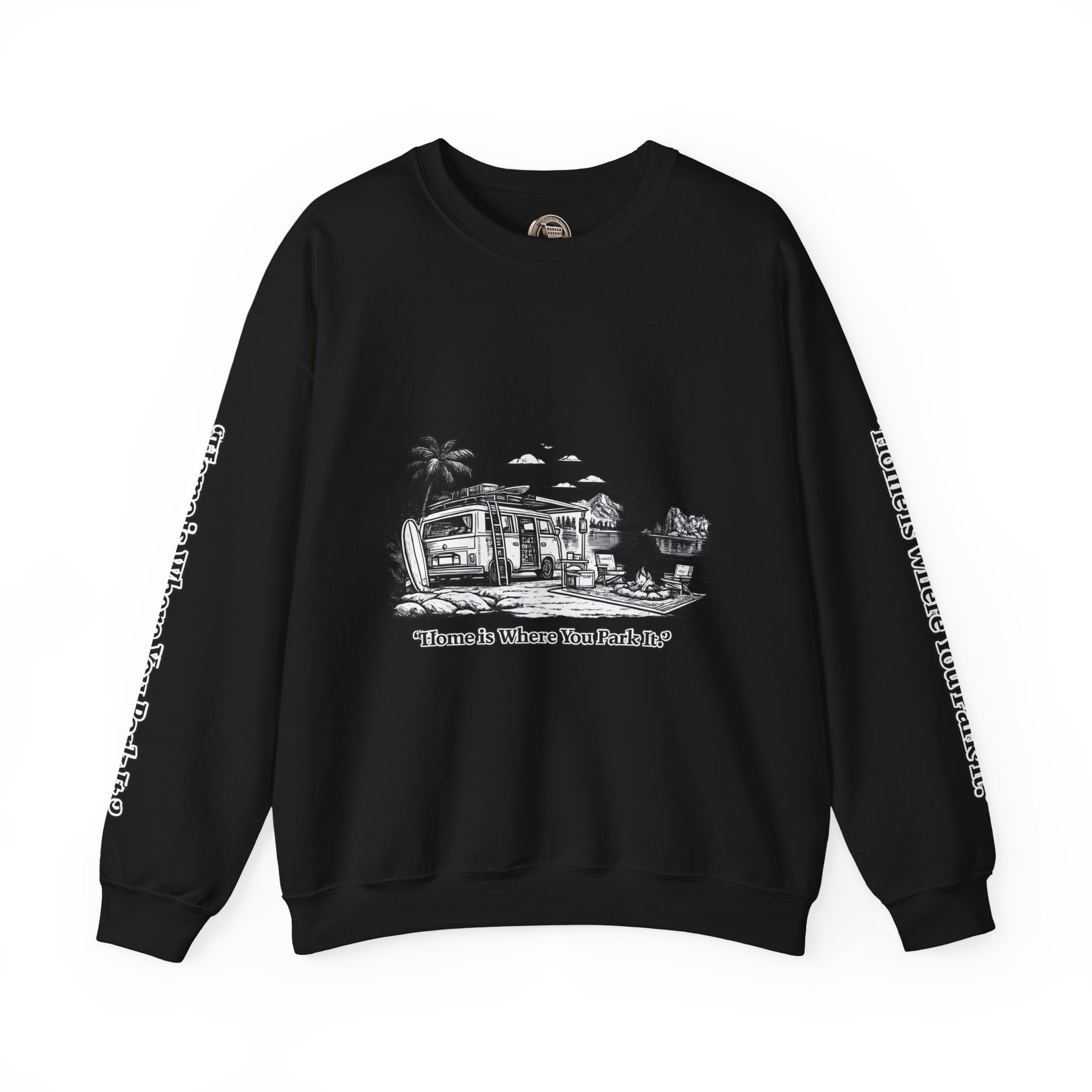 Unisex Heavy Blend™ Crewneck Sweatshirt — "Home Is Where You Park It" Design Minimal-Line