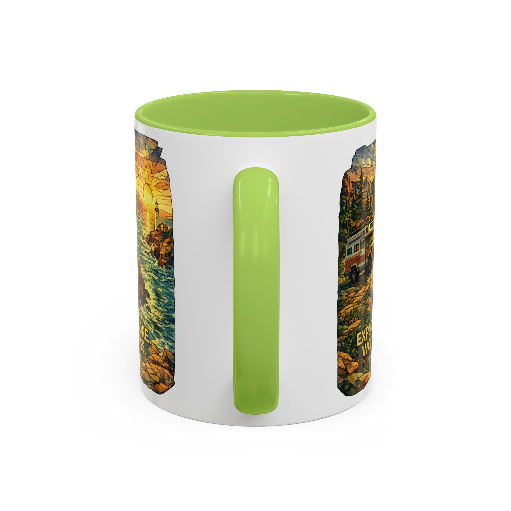 Accent Coffee Mug (11, 15oz) — "Explore More Worry Less" Design Cubic-Line