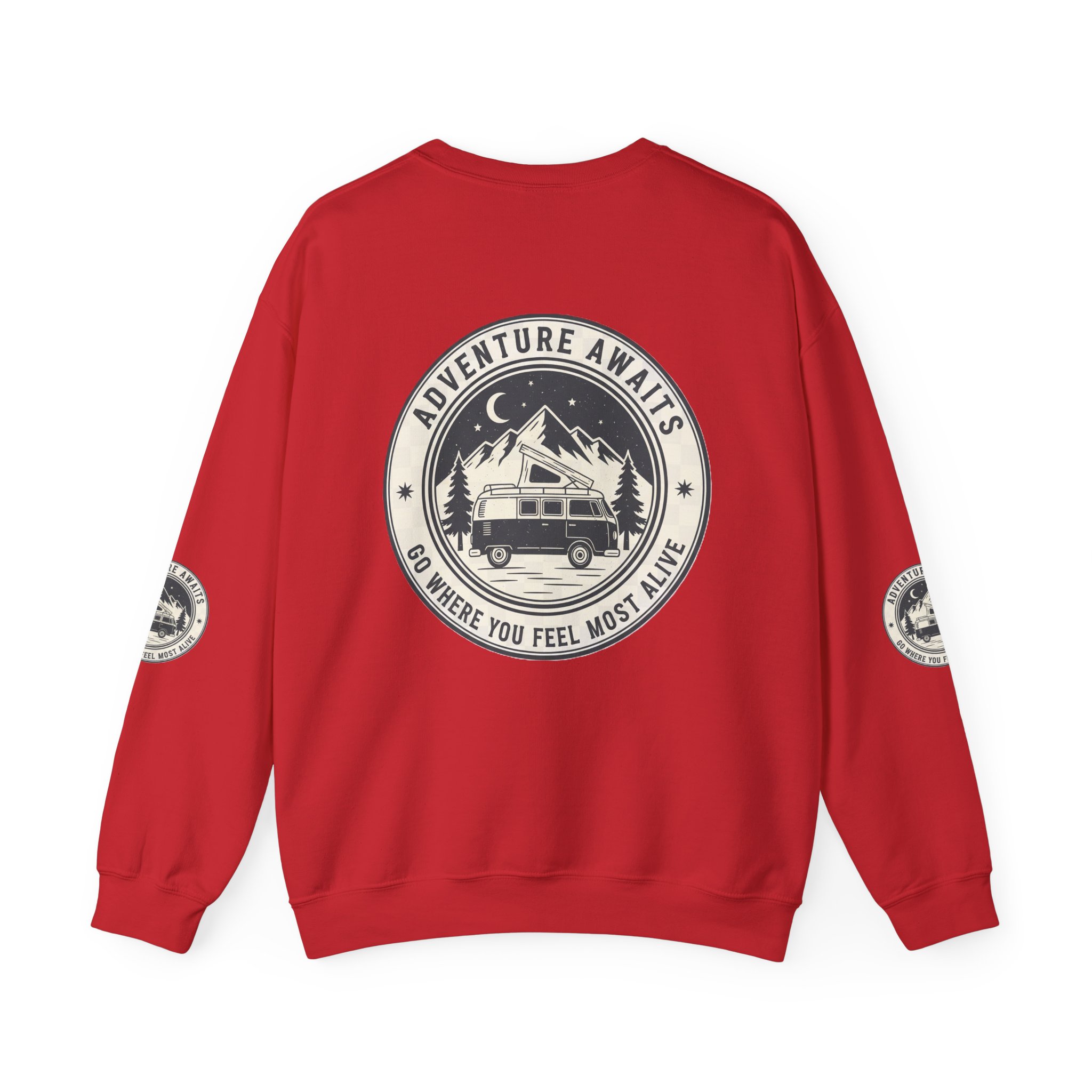 2675399384016517571_2048.jpeg Crewneck Sweatshirt — "Adventure Awaits-Go Where You Feel Most Alive" (Font + Back + Sleaves printed) Vintage Camper Van Outdoor Graphic