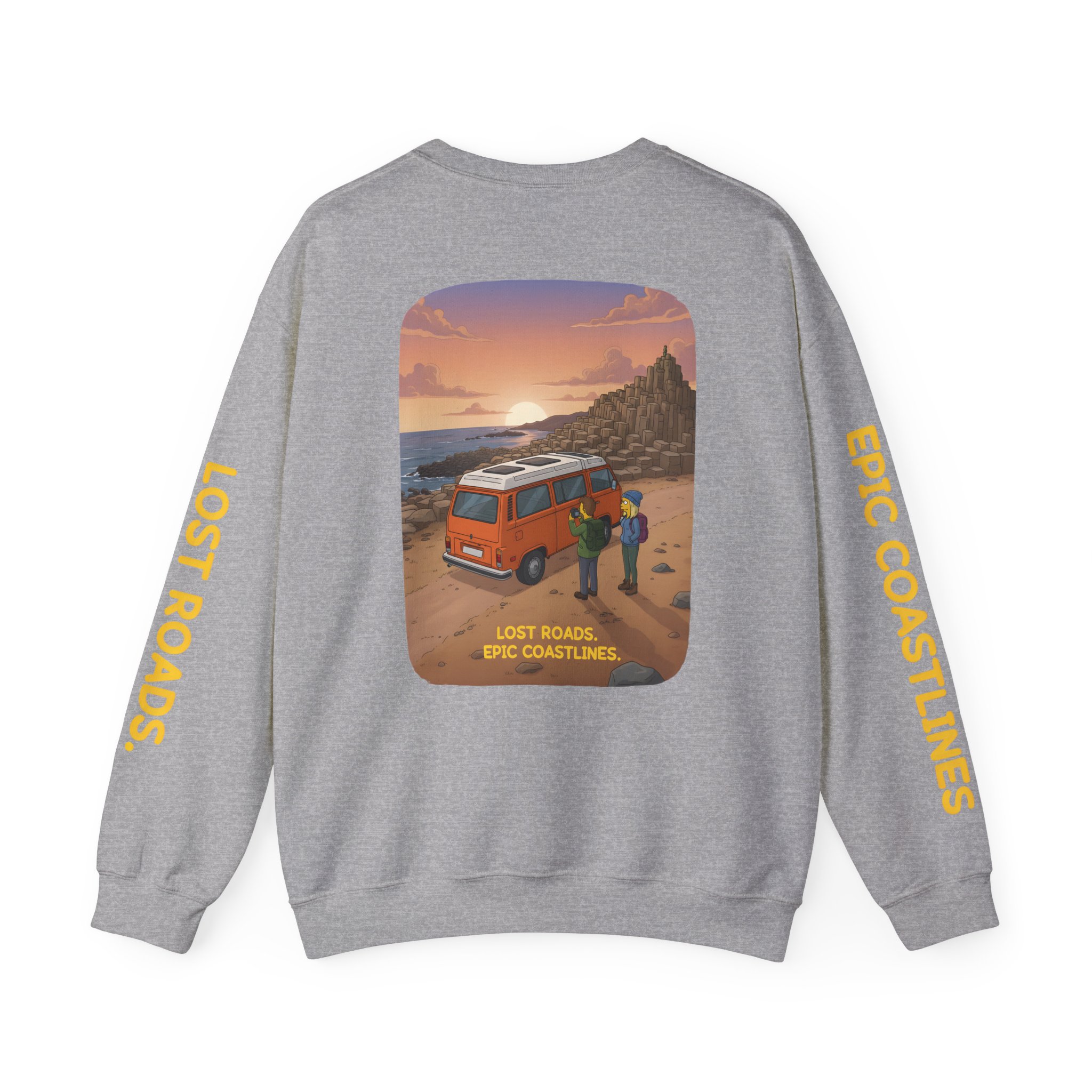 Unisex Heavy Blend™ Crewneck Sweatshirt — "Lost Roads Epic Coastlines" Design Sitcom-Line