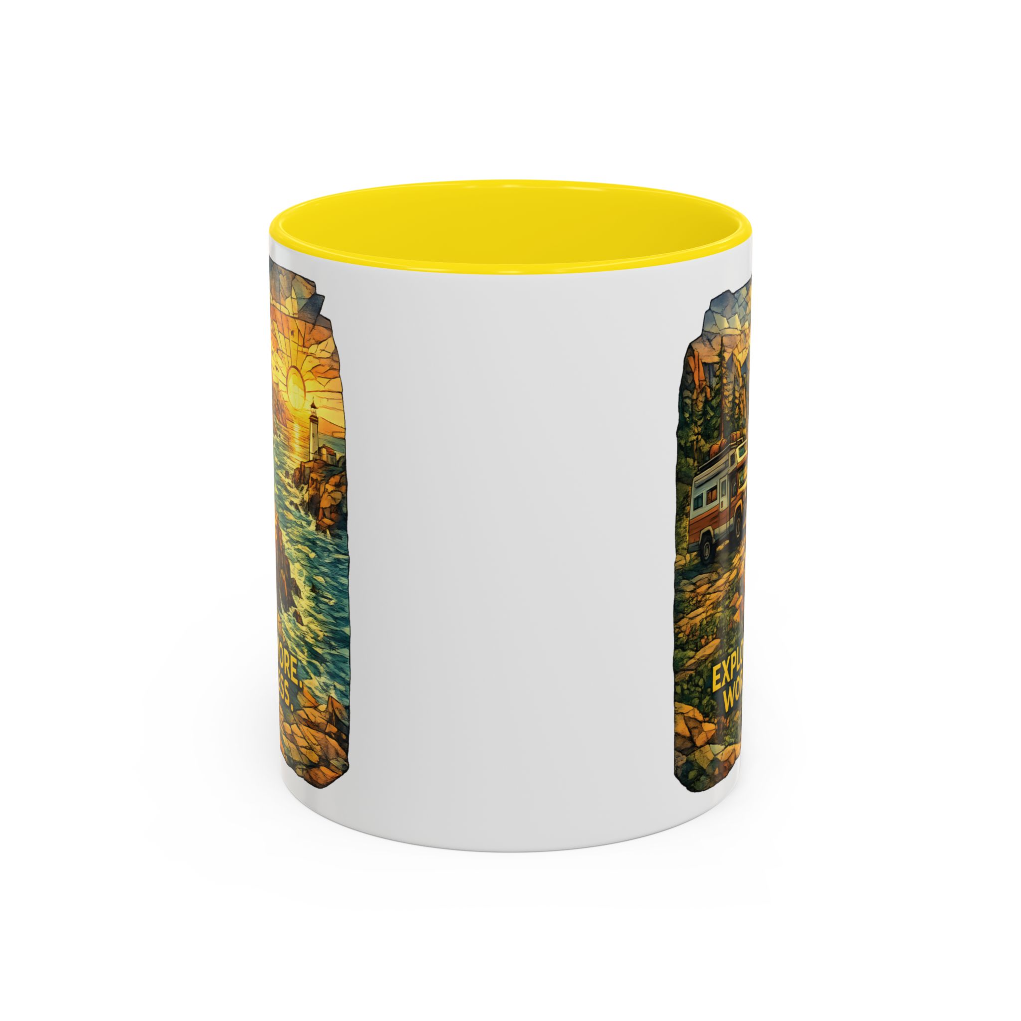 Accent Coffee Mug (11, 15oz) — "Explore More Worry Less" Design Cubic-Line